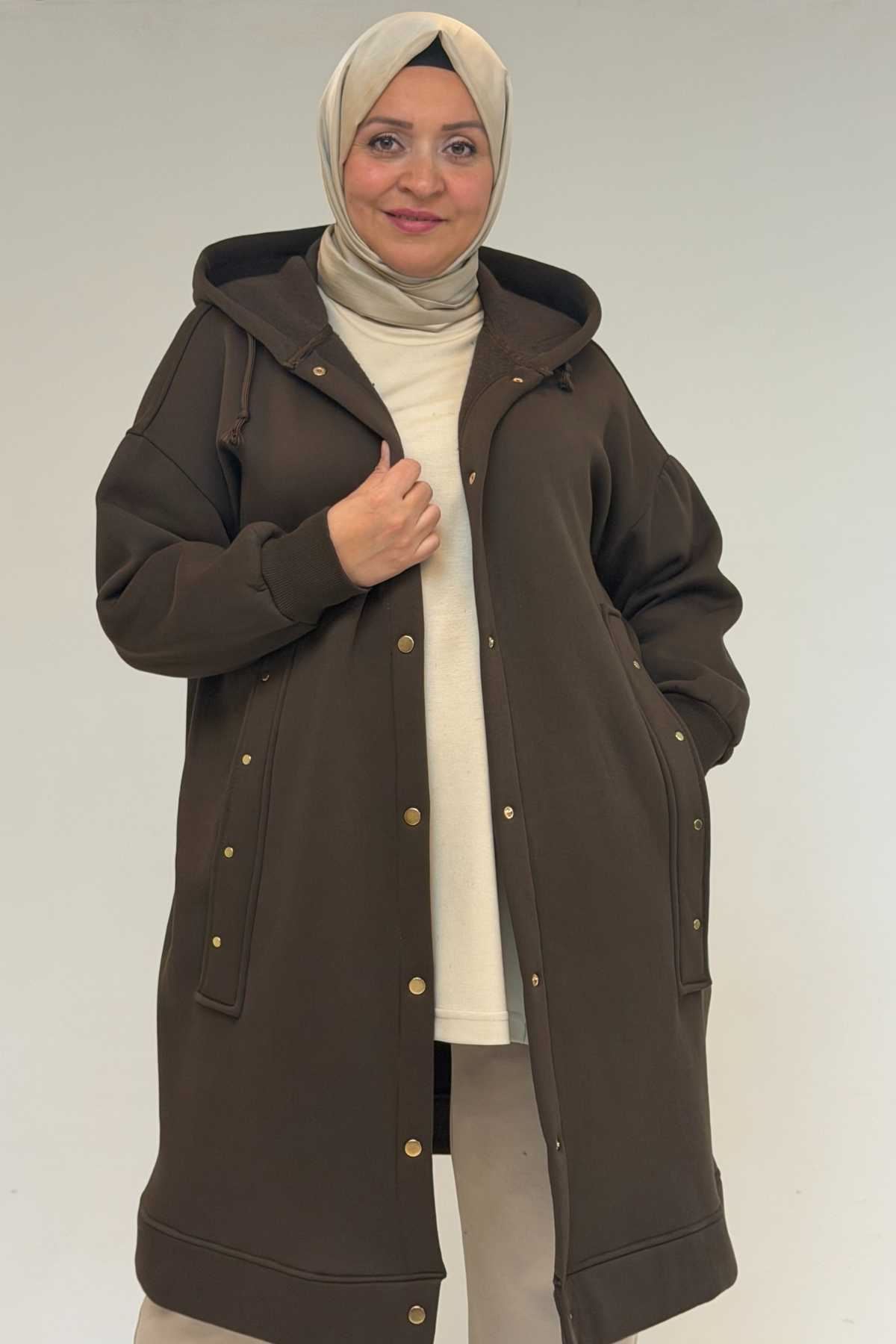 43077 Büyük Beden Kol Ve Etek Ucu Ribanalı Üç İplik Kap - Kahve