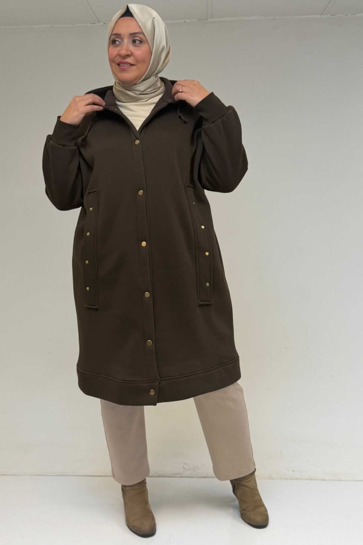 43077 Büyük Beden Kol Ve Etek Ucu Ribanalı Üç İplik Kap - Kahve