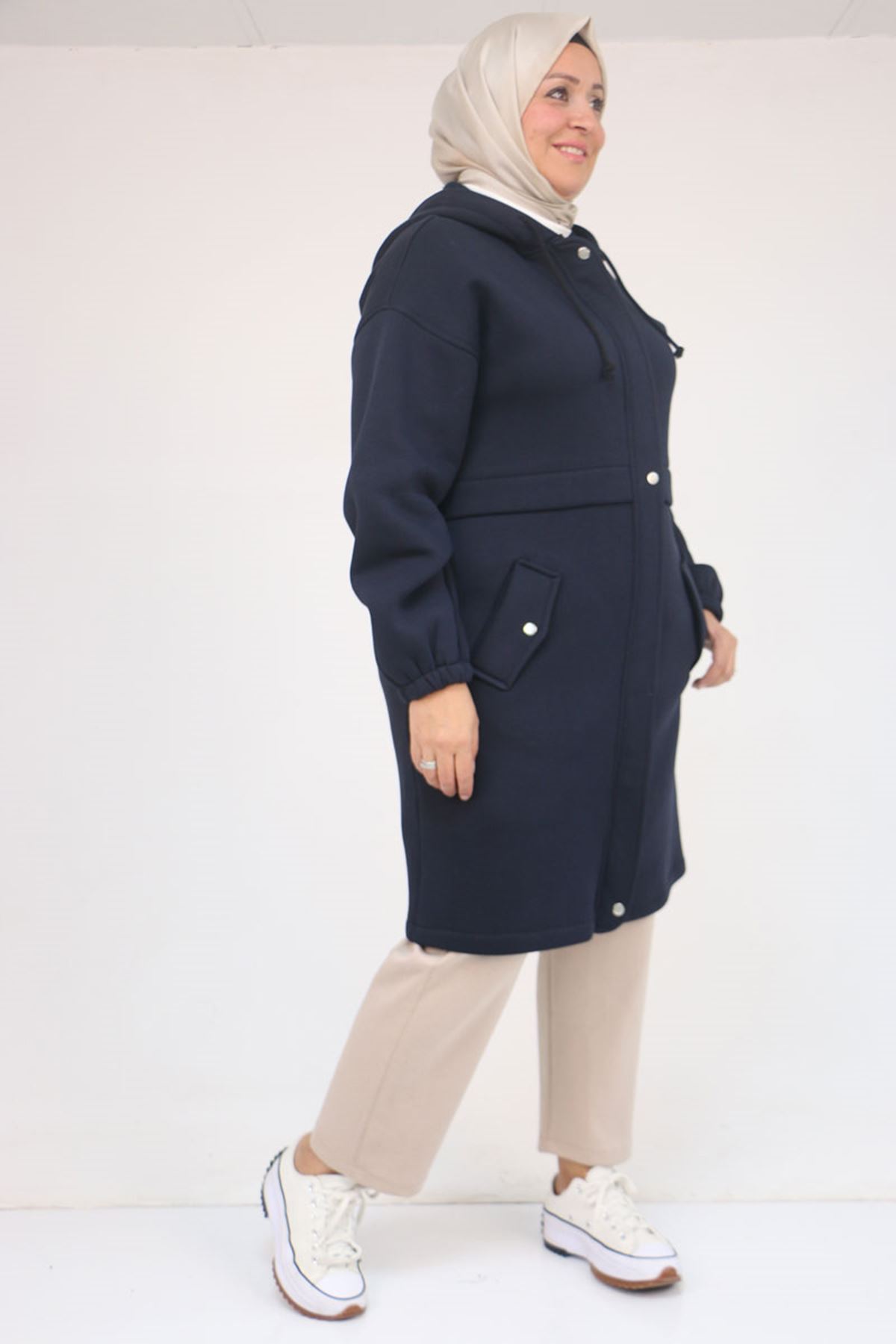 43076 Büyük Beden Cepli Kapşonlu Üç İplik Kap - Lacivert