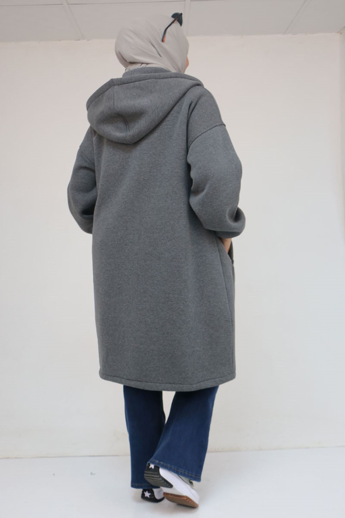 43076 Büyük Beden Cepli Kapşonlu Üç İplik Kap - Antrasit