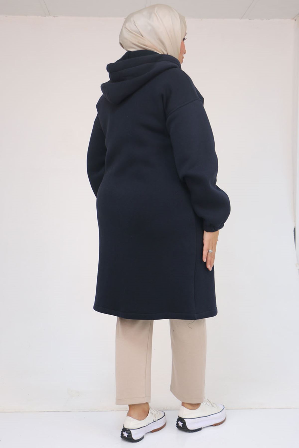 43076 Büyük Beden Cepli Kapşonlu Üç İplik Kap - Lacivert