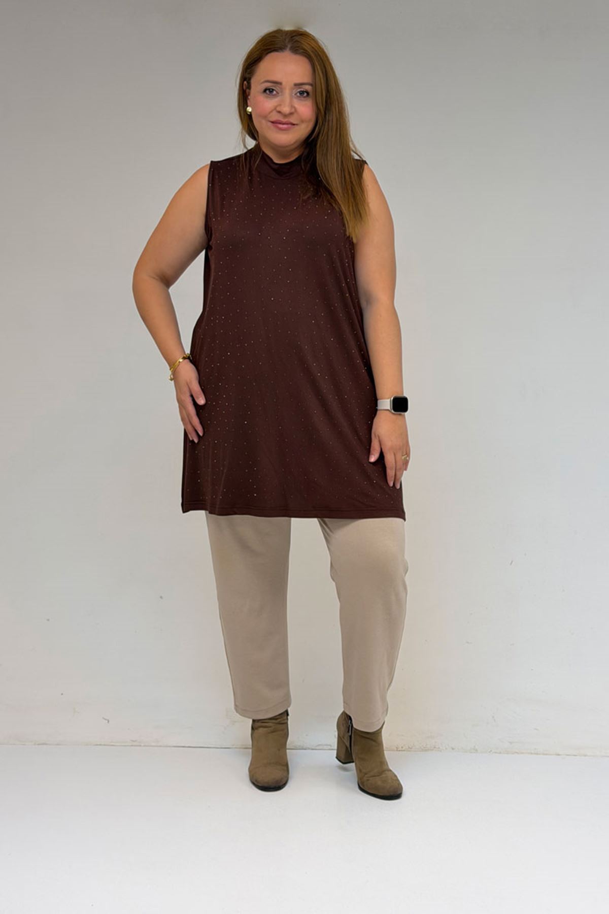 58506 Büyük Beden Taş Baskılı Penye İçlik - Kahve