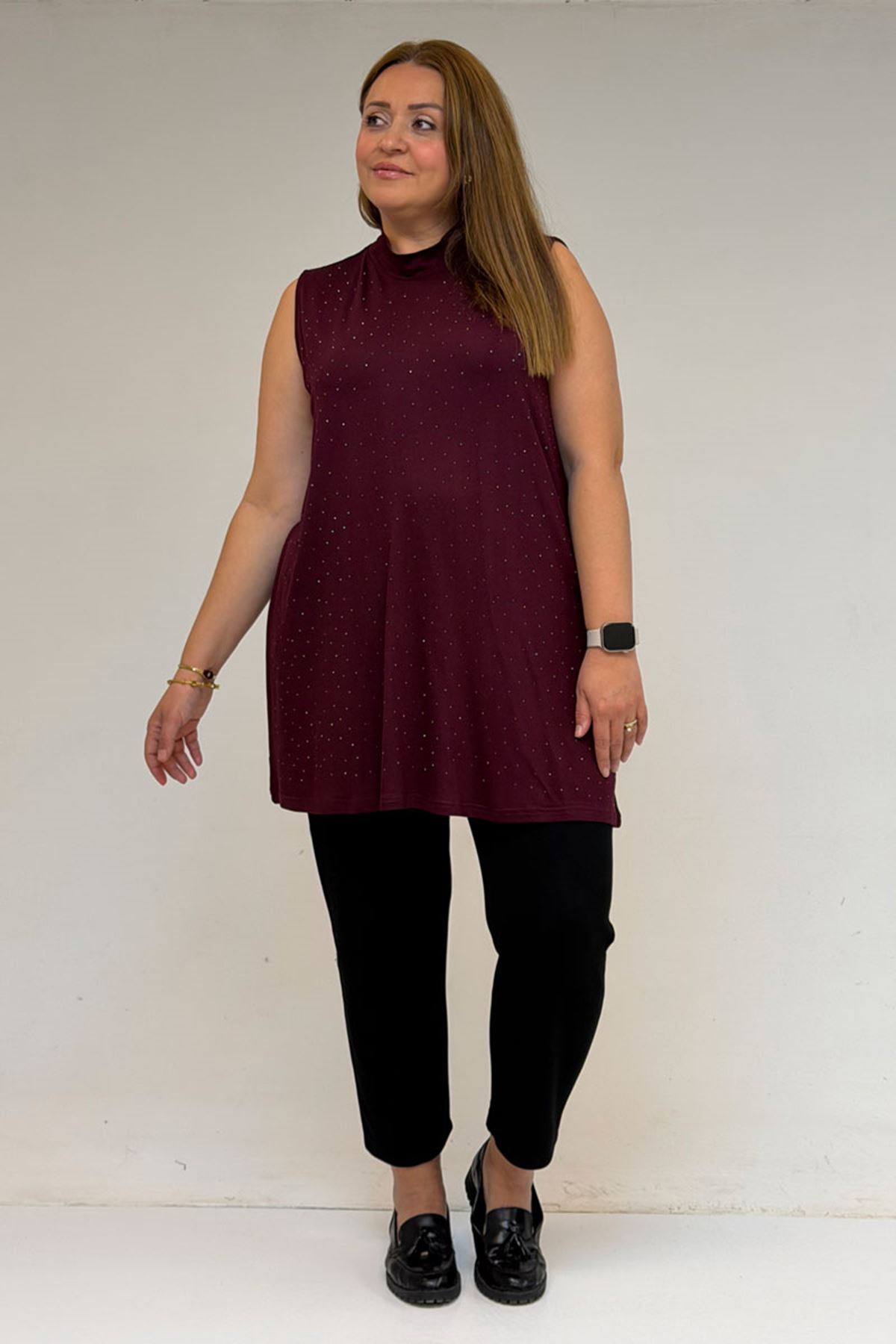 58506 Büyük Beden Taş Baskılı Penye İçlik - Bordo