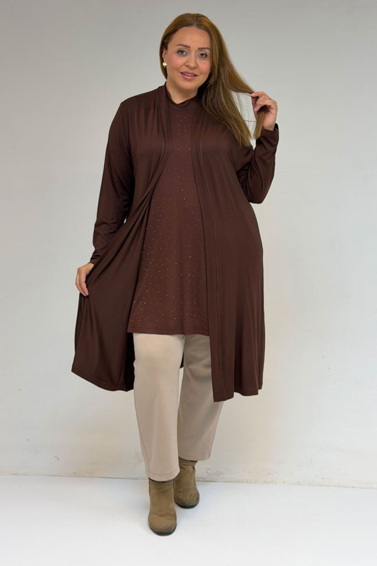 58506 Büyük Beden Taş Baskılı Penye İçlik - Kahve