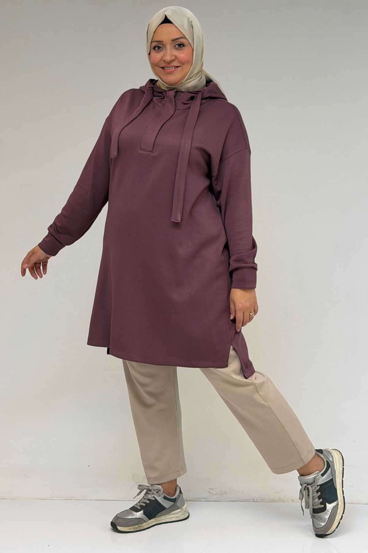 58135 Büyük Beden Kapşonlu Yarım Petlı Modal Tunik - Gül Kurusu