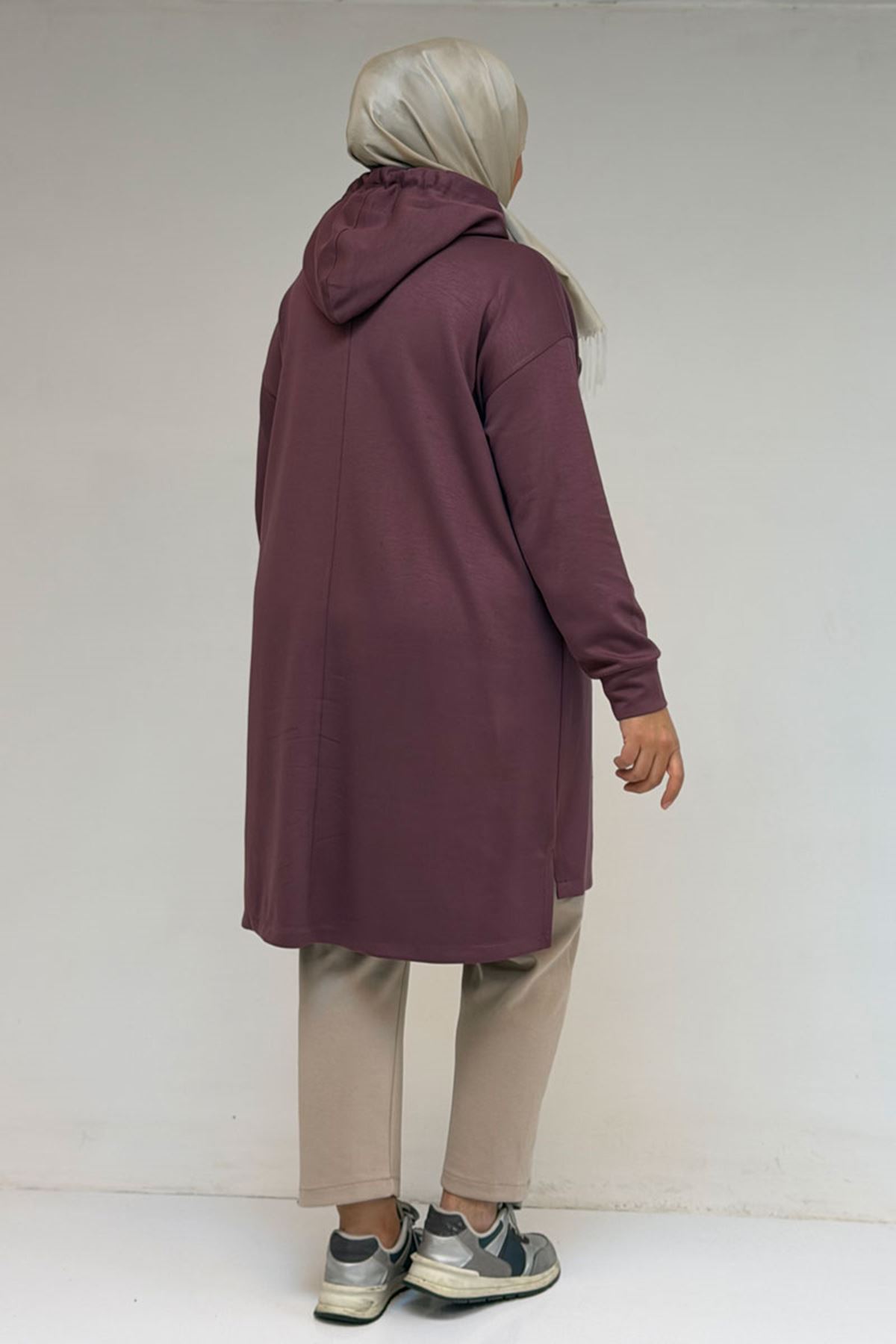 58135 Büyük Beden Kapşonlu Yarım Petlı Modal Tunik - Gül Kurusu