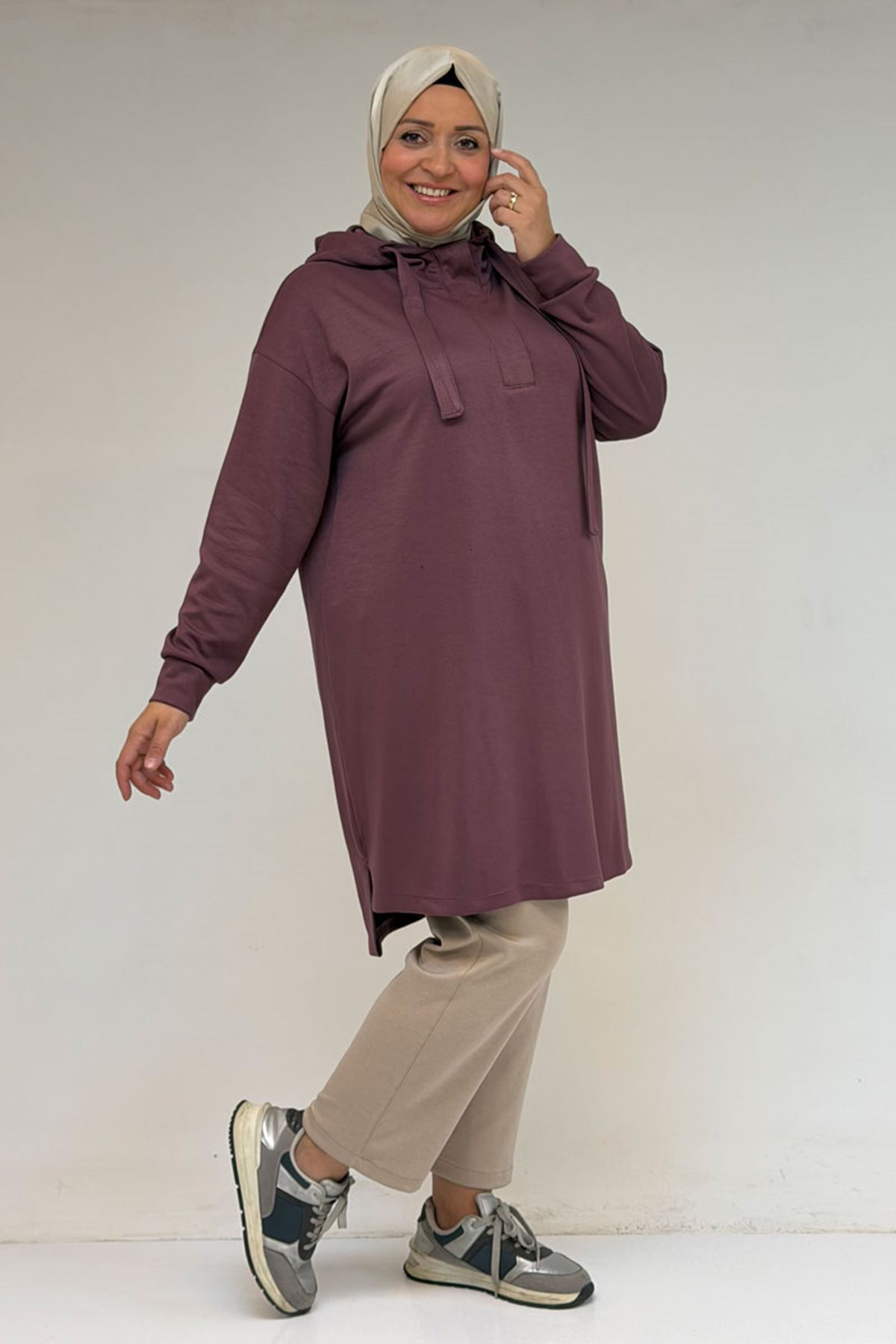 58135 Büyük Beden Kapşonlu Yarım Petlı Modal Tunik - Gül Kurusu