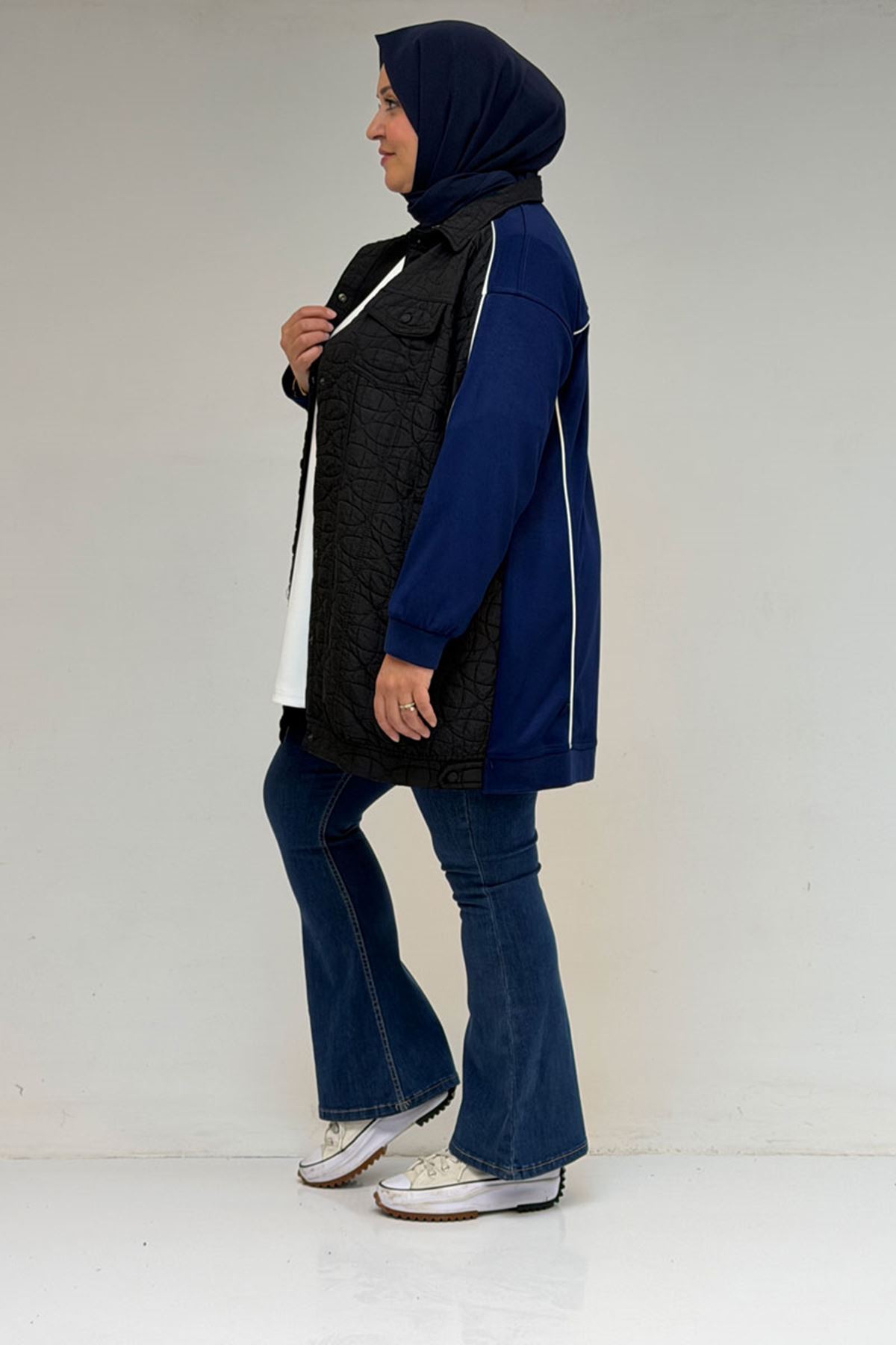 53029 Büyük Beden Biye Detaylı Kombinli Modal-Kapitone Ceket - Siyah-İndigo