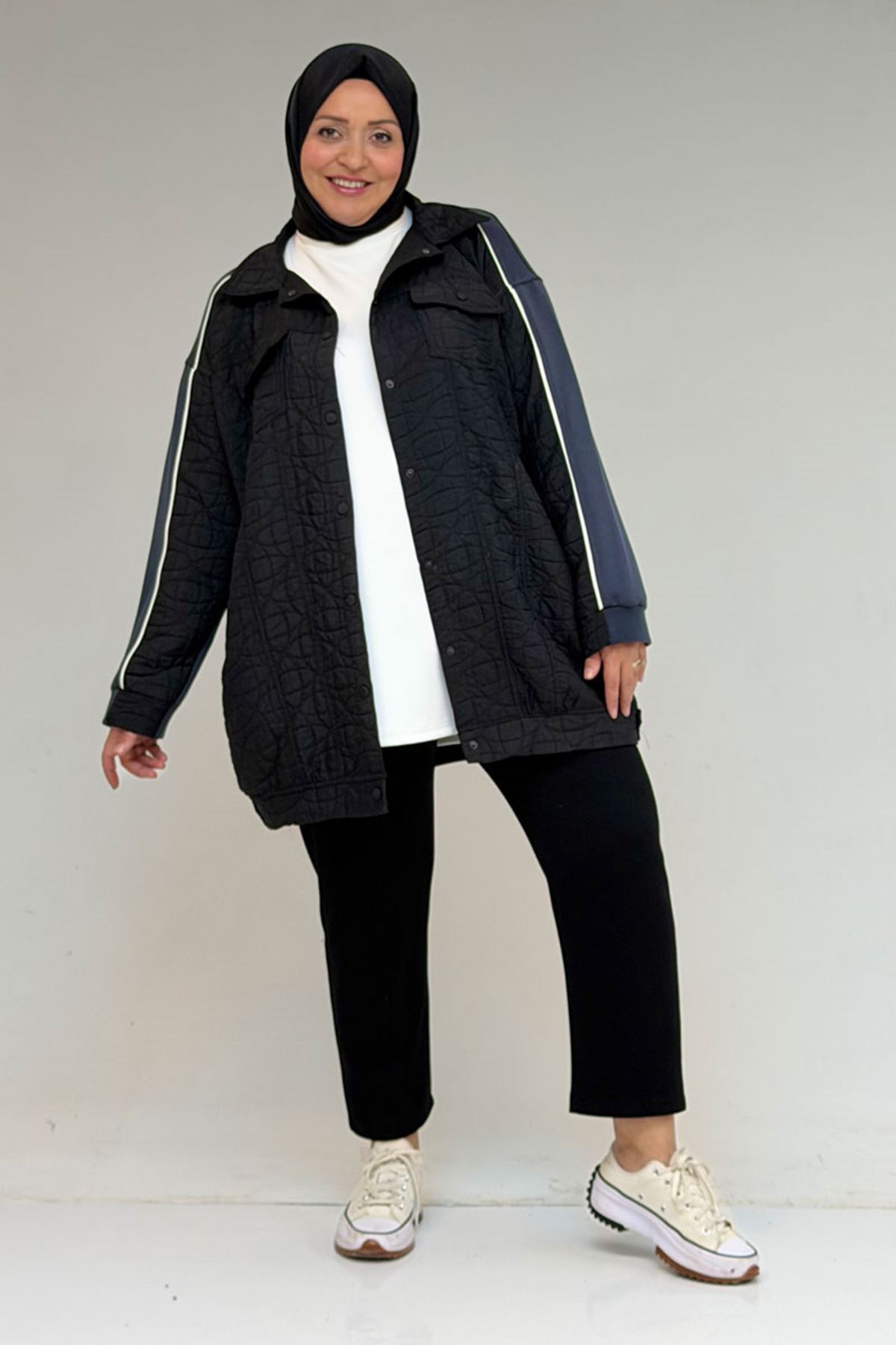 53029 Büyük Beden Biye Detaylı Kombinli Modal-Kapitone Ceket - Siyah-Antrasit