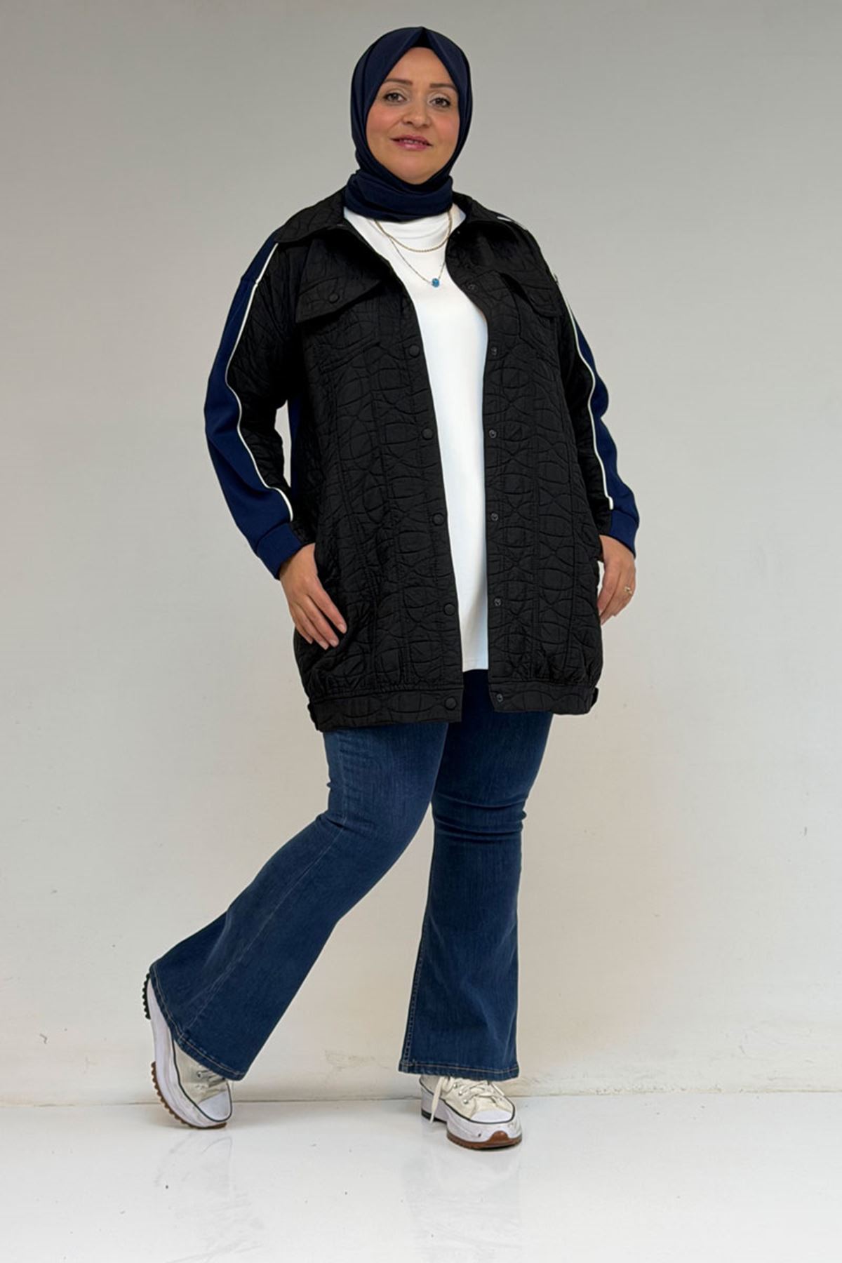 53029 Büyük Beden Biye Detaylı Kombinli Modal-Kapitone Ceket - Siyah-İndigo