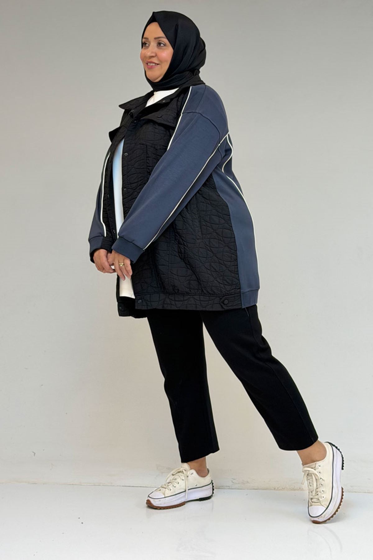 53029 Büyük Beden Biye Detaylı Kombinli Modal-Kapitone Ceket - Siyah-Antrasit