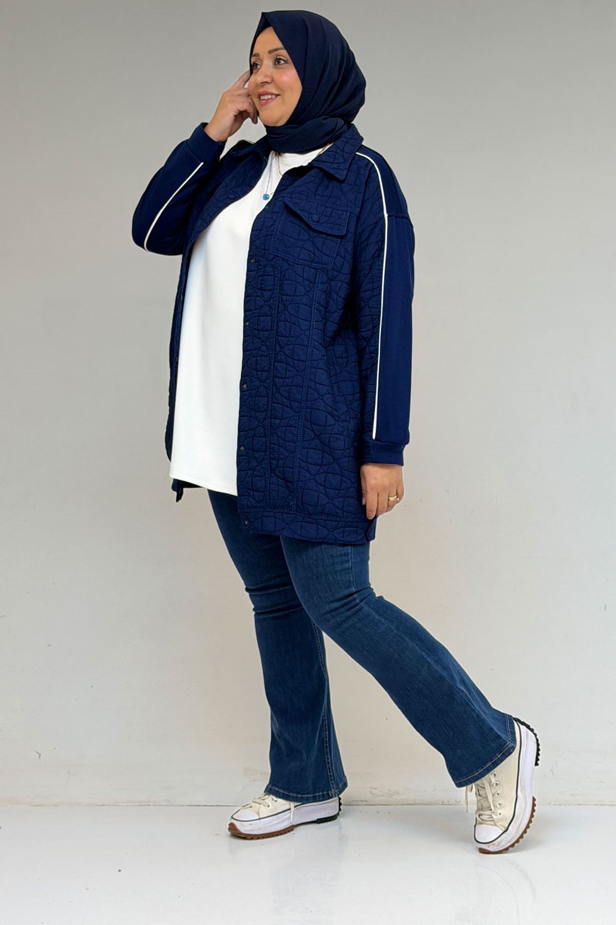 53029 Büyük Beden Biye Detaylı Kombinli Modal-Kapitone Ceket - İndigo-İndigo