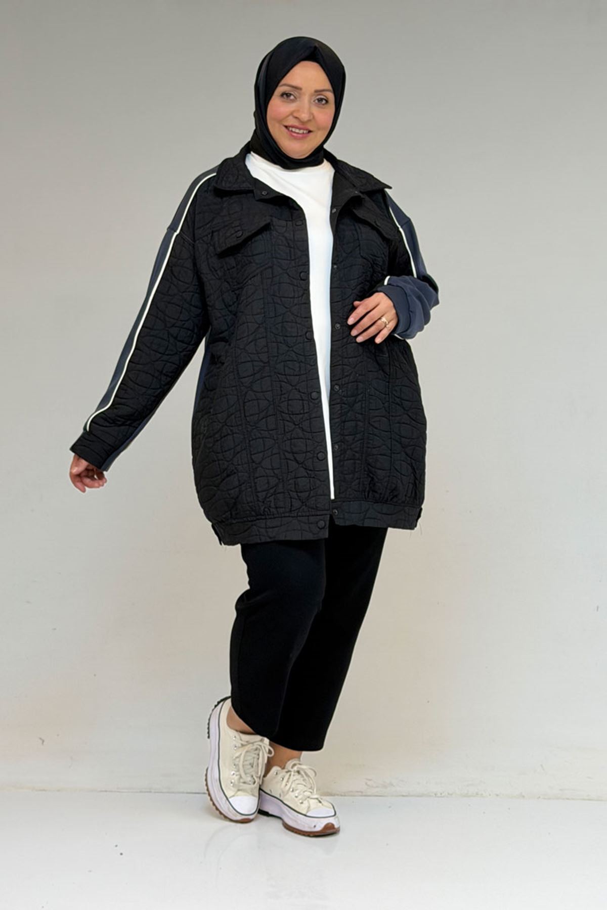 53029 Büyük Beden Biye Detaylı Kombinli Modal-Kapitone Ceket - Siyah-Antrasit