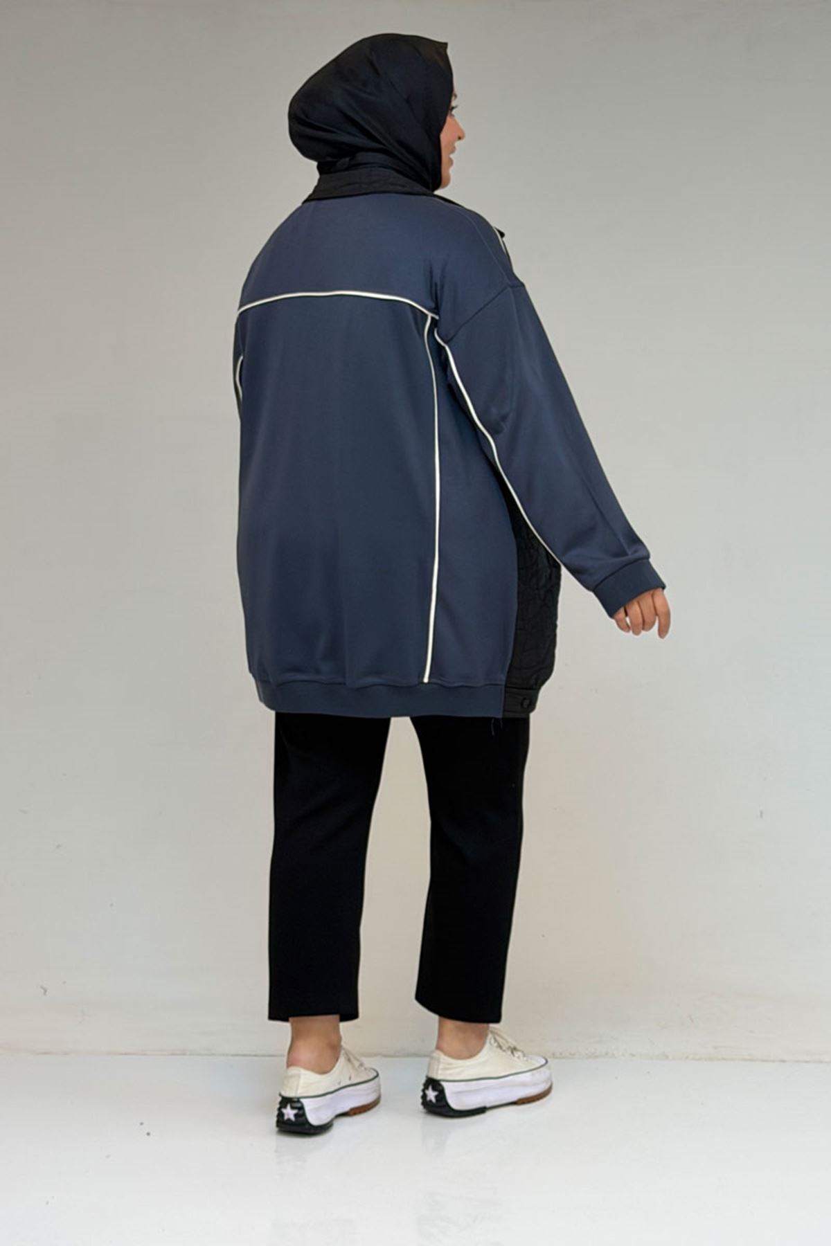 53029 Büyük Beden Biye Detaylı Kombinli Modal-Kapitone Ceket - Siyah-Antrasit