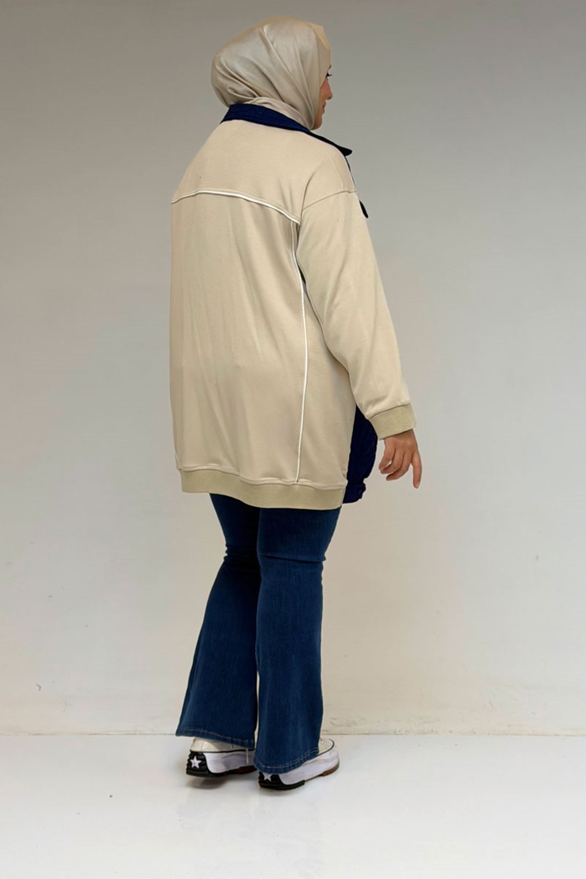 53029 Büyük Beden Biye Detaylı Kombinli Modal-Kapitone Ceket - İndigo-Bej