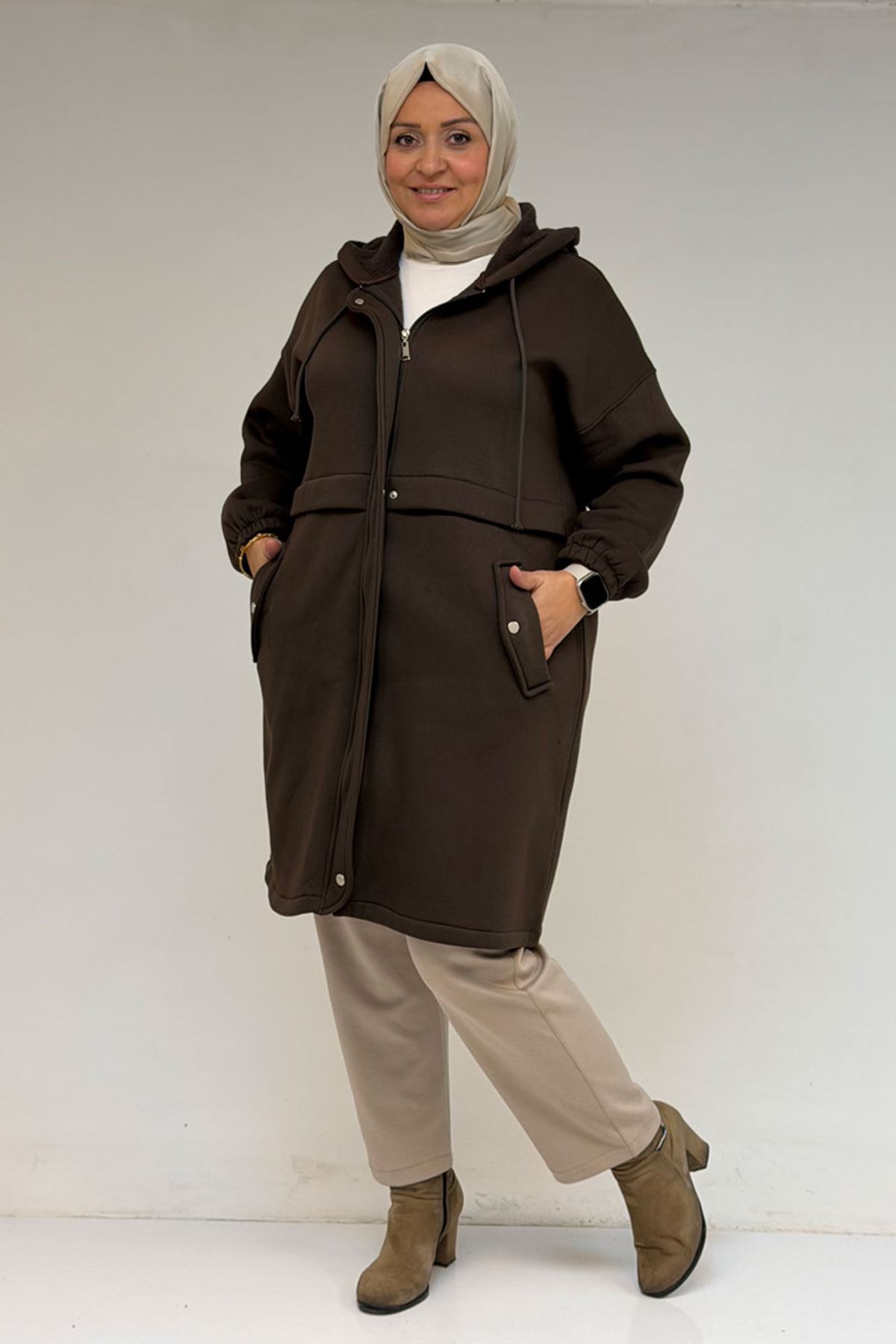 43076 Büyük Beden Cepli Kapşonlu Üç İplik Kap - Kahve