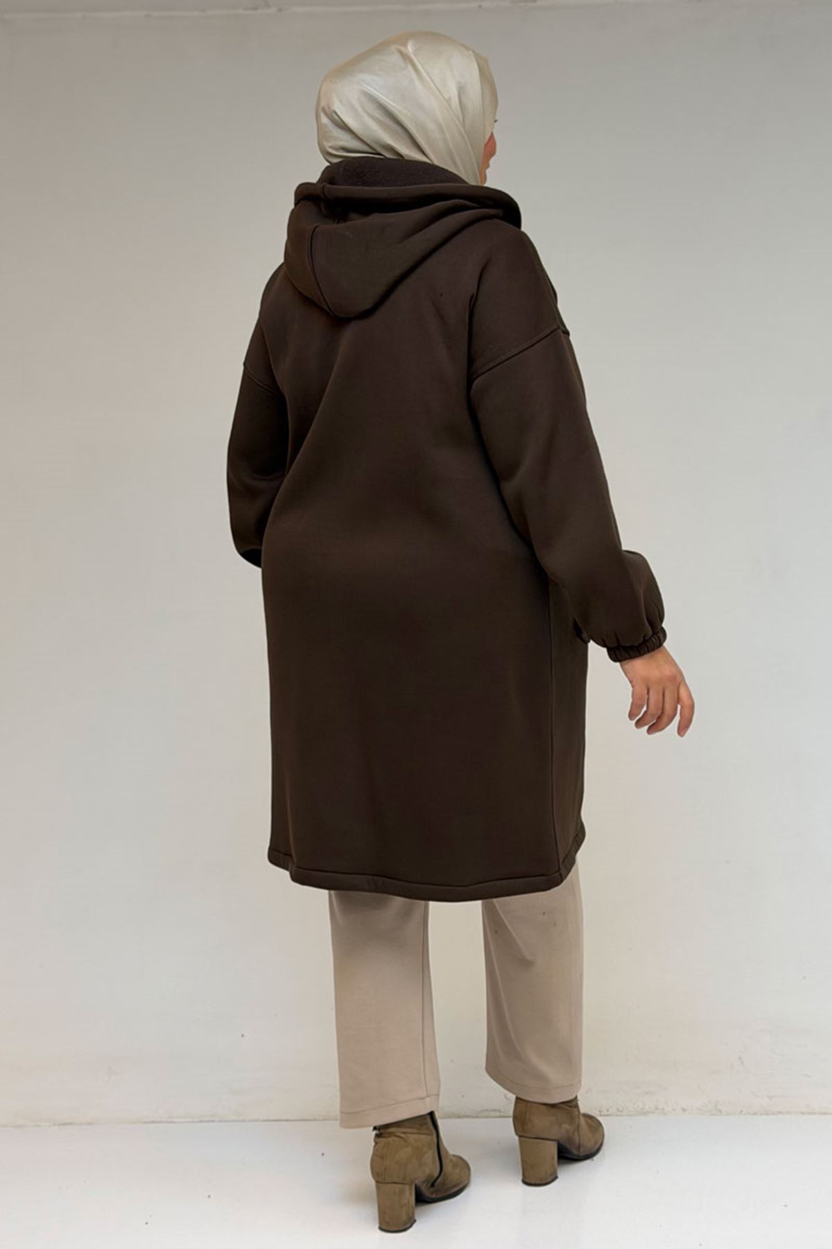 43076 Büyük Beden Cepli Kapşonlu Üç İplik Kap - Kahve