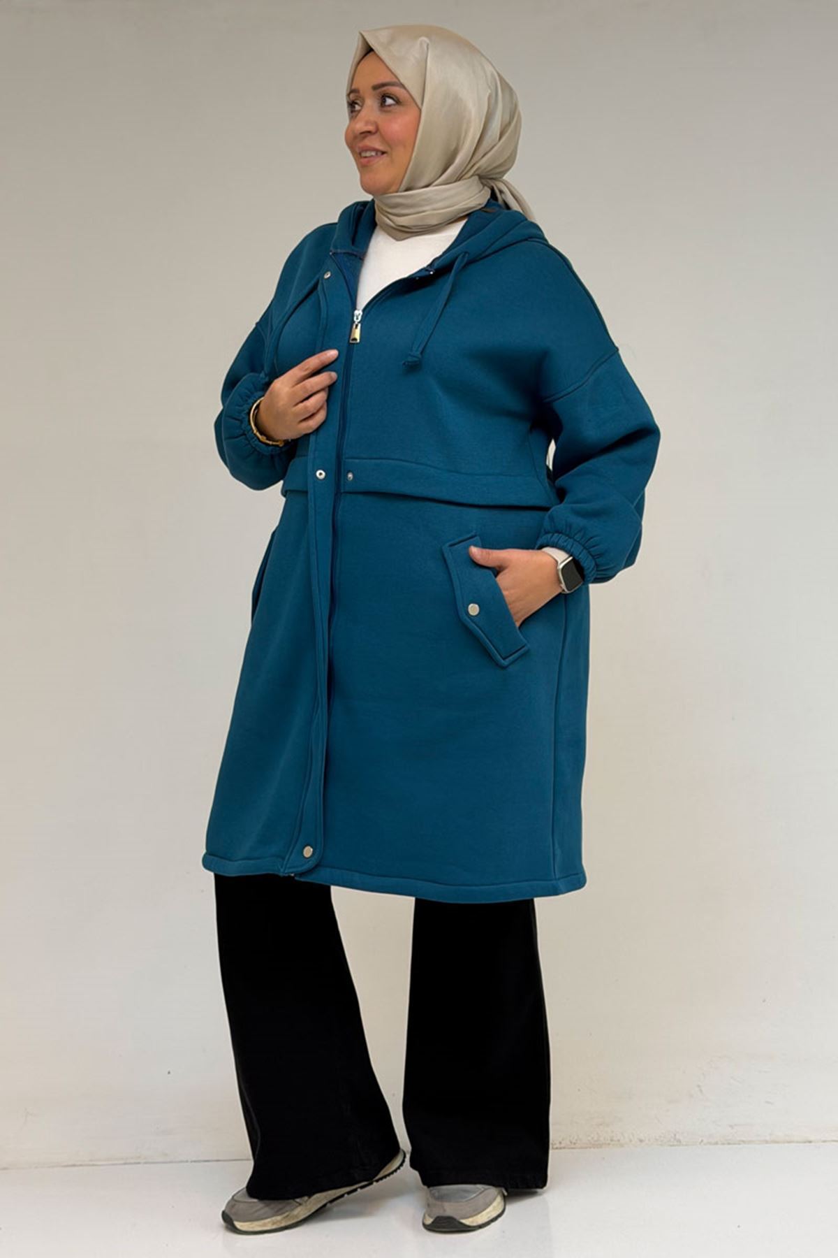 43076 Büyük Beden Cepli Kapşonlu Üç İplik Kap - Petrol