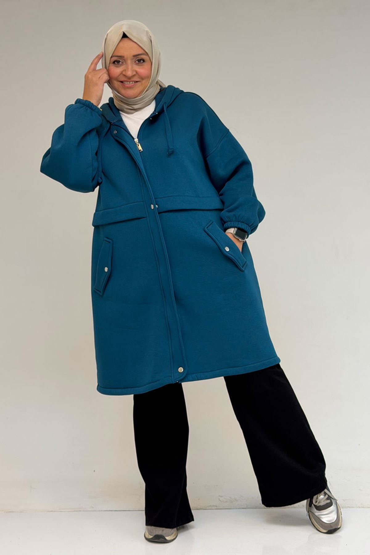 43076 Büyük Beden Cepli Kapşonlu Üç İplik Kap - Petrol