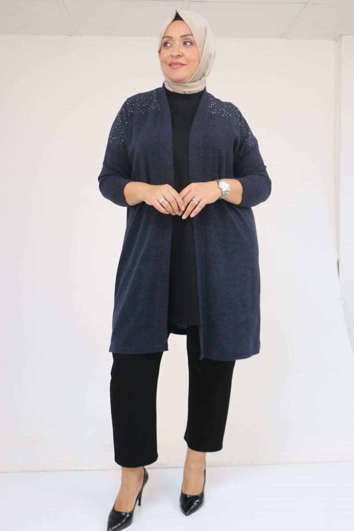 53047 Büyük Beden Omzu Taş Detaylı Mir Ceket - Lacivert