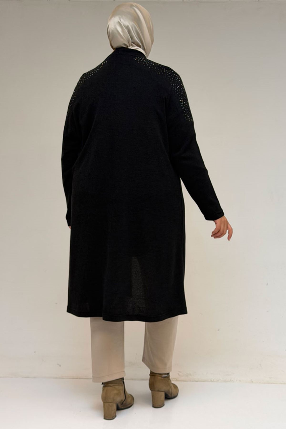 53047 Büyük Beden Omzu Taş Detaylı Mir Ceket - Siyah