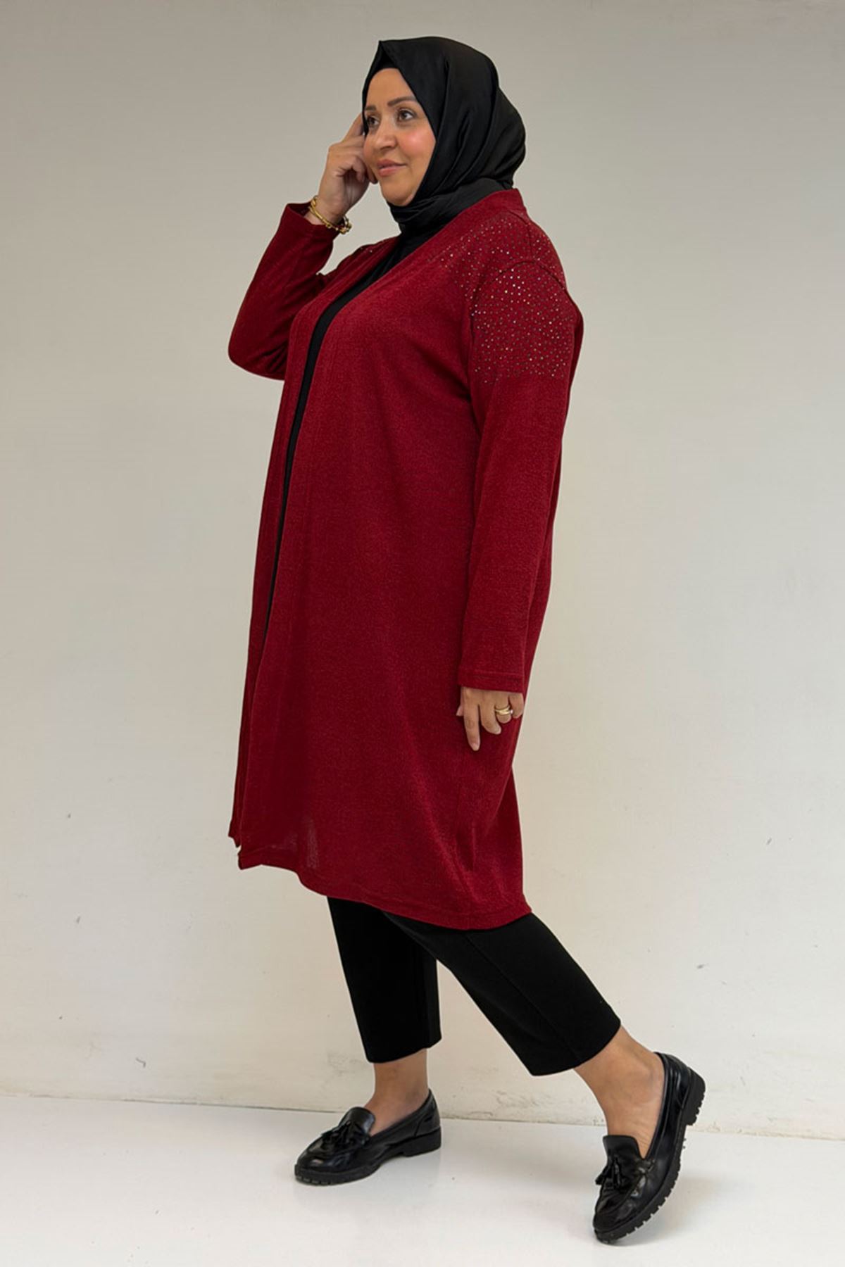 53047 Büyük Beden Omzu Taş Detaylı Mir Ceket - Bordo