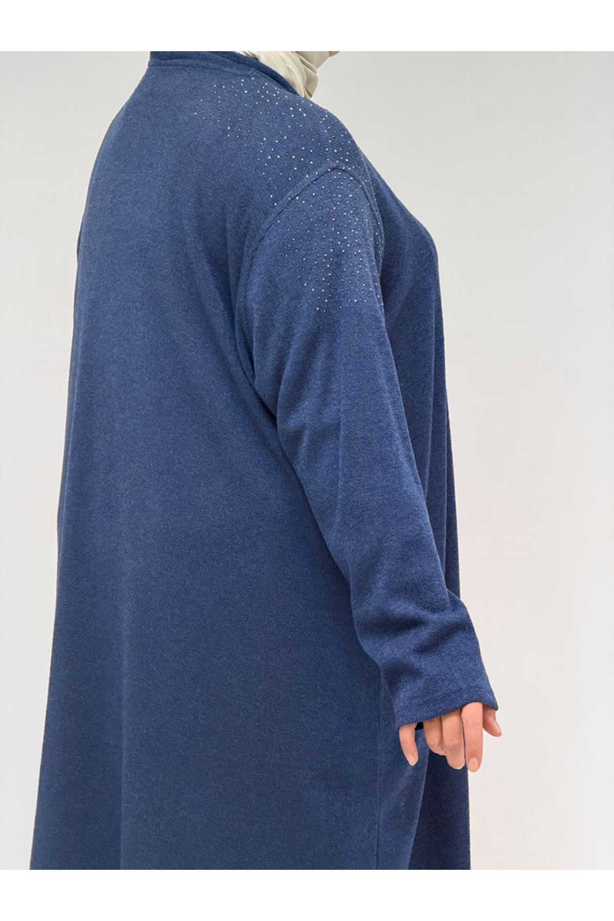 53047 Büyük Beden Omzu Taş Detaylı Mir Ceket - İndigo