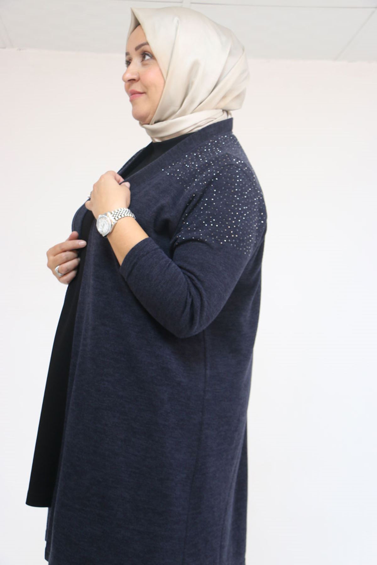 53047 Büyük Beden Omzu Taş Detaylı Mir Ceket - Lacivert