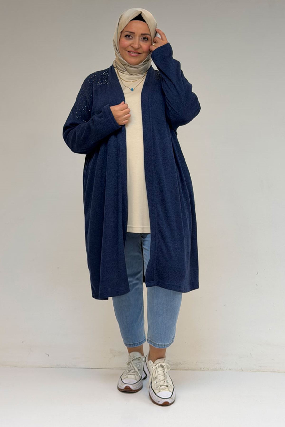 53047 Büyük Beden Omzu Taş Detaylı Mir Ceket - İndigo