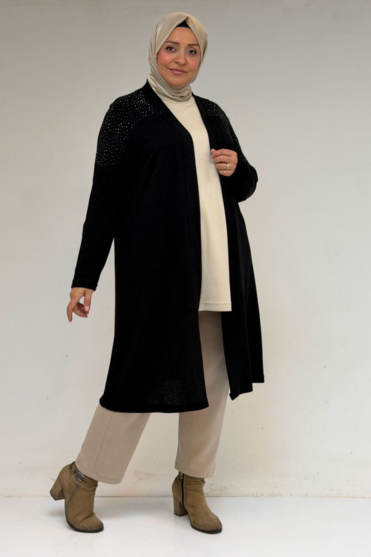 53047 Büyük Beden Omzu Taş Detaylı Mir Ceket - Siyah