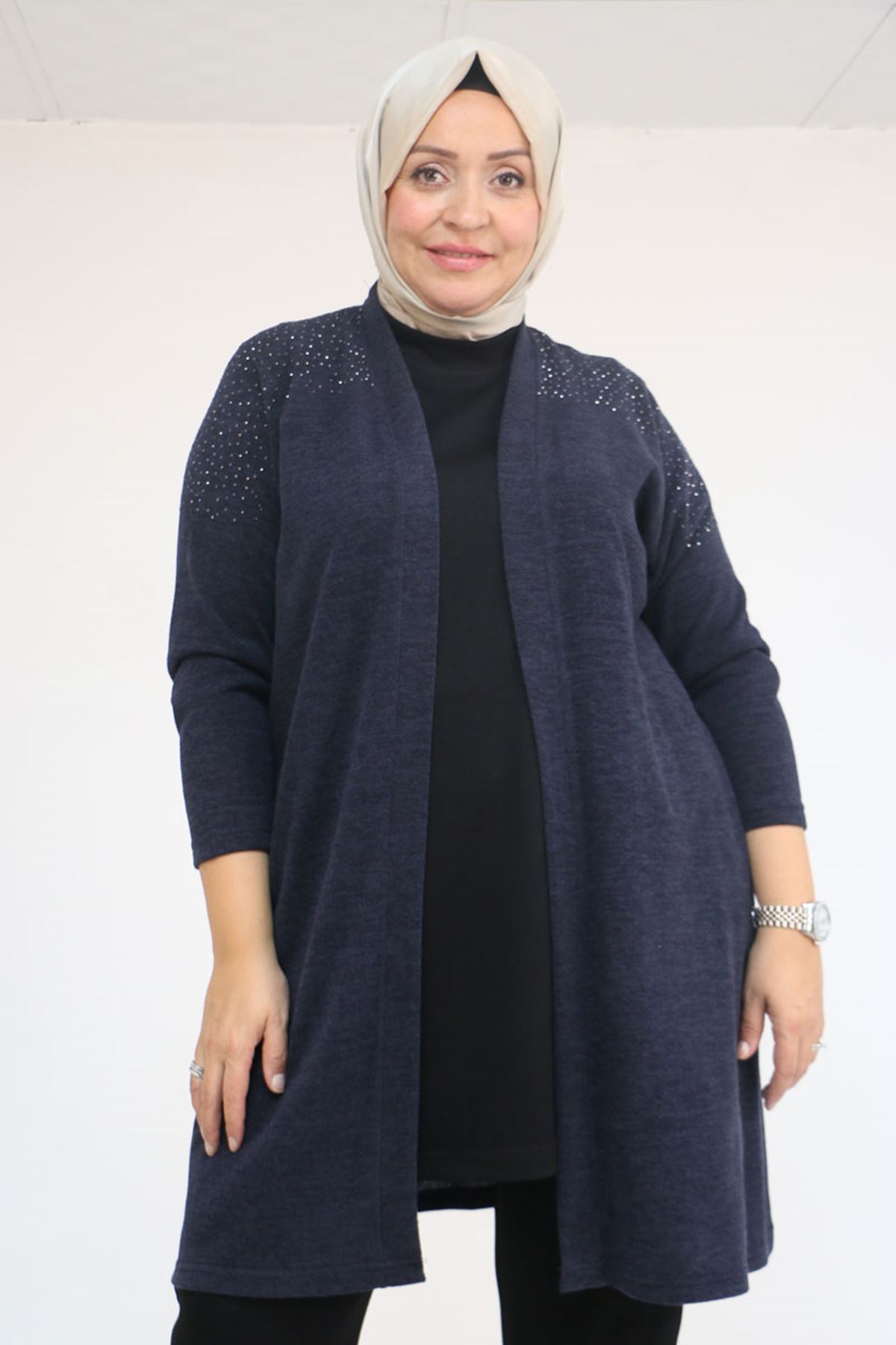 53047 Büyük Beden Omzu Taş Detaylı Mir Ceket - Lacivert