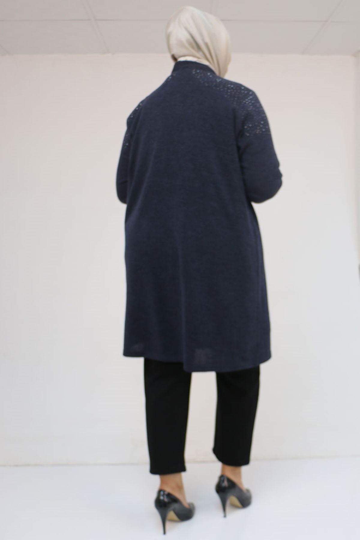 53047 Büyük Beden Omzu Taş Detaylı Mir Ceket - Lacivert