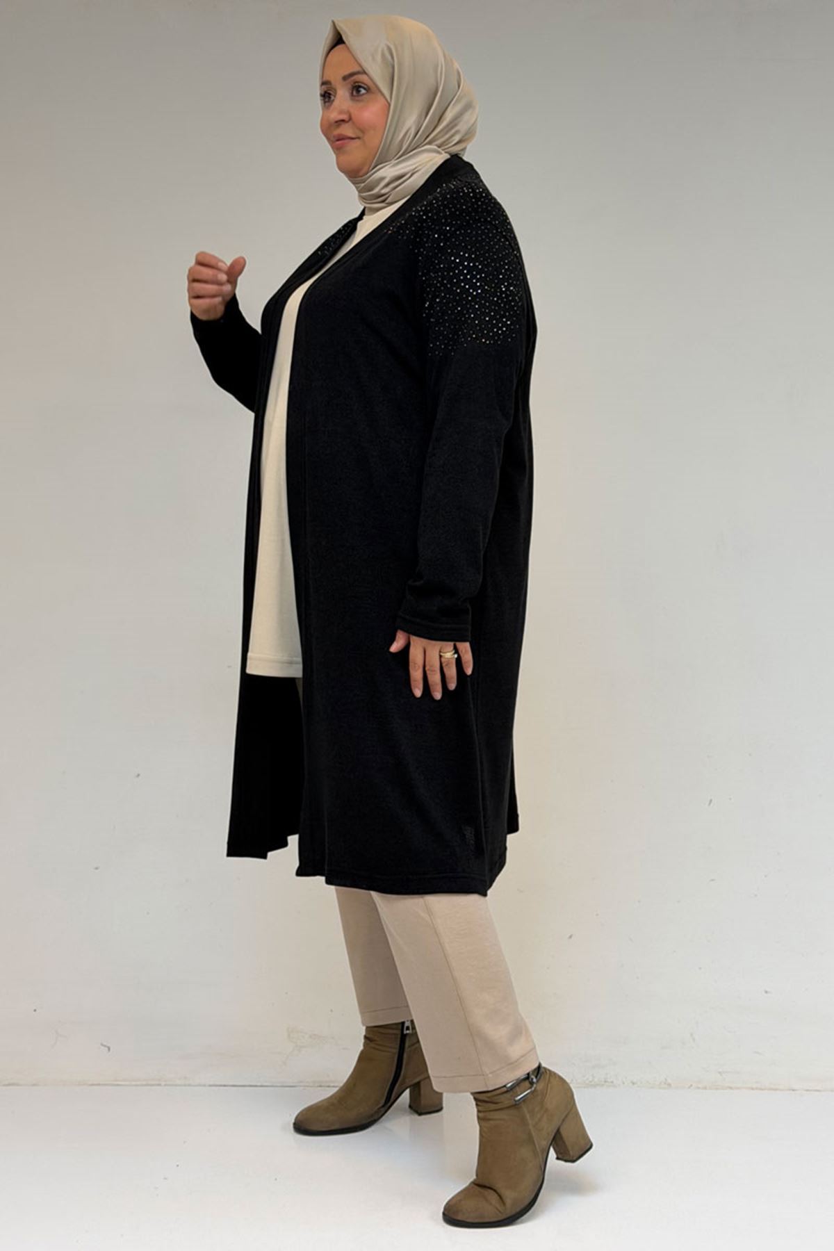 53047 Büyük Beden Omzu Taş Detaylı Mir Ceket - Siyah