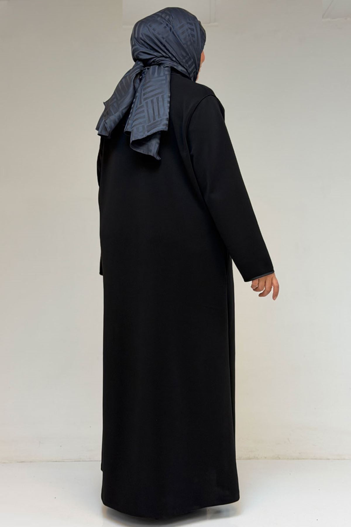 56003 Büyük Beden Önden Fermuarlı Hakim Yaka Ferace - Siyah