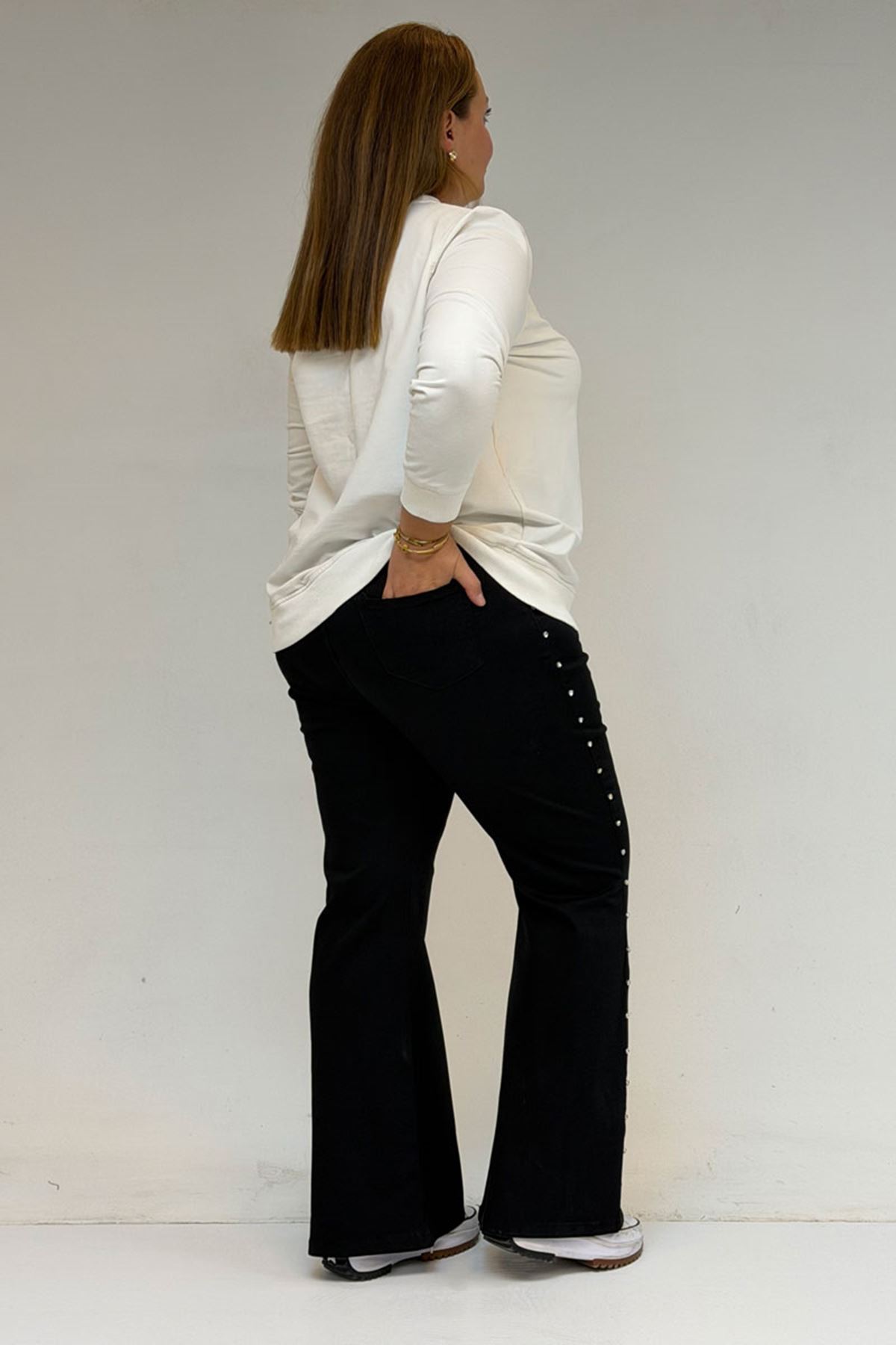 59040 Büyük Beden İspanyol  Paça Taş Baskı Detaylı Kot Pantolon - Siyah