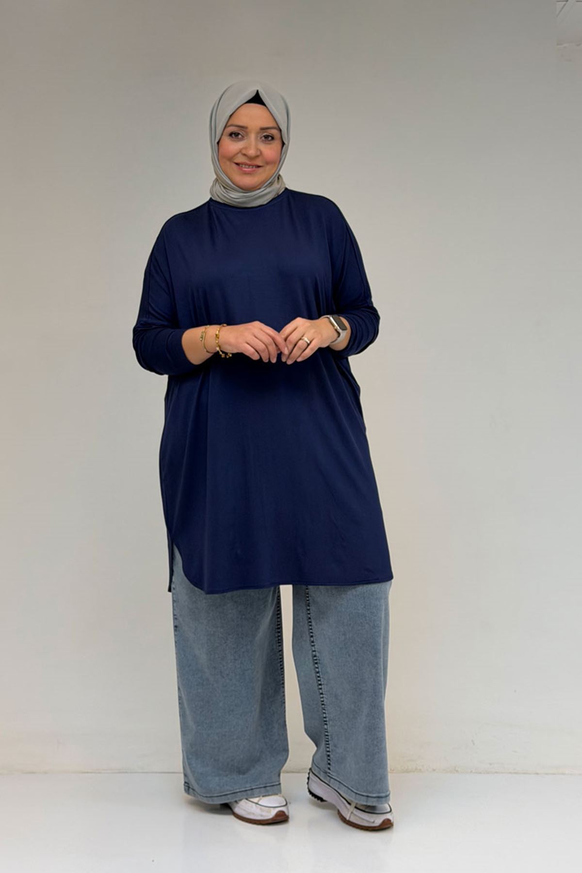 38111 Büyük Beden Basic Penye Tunik - İndigo