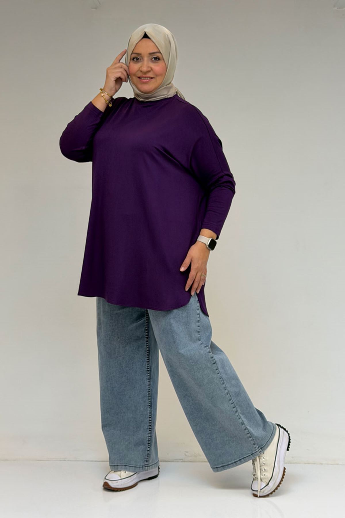 38111 Büyük Beden Basic Penye Tunik - Mürdüm