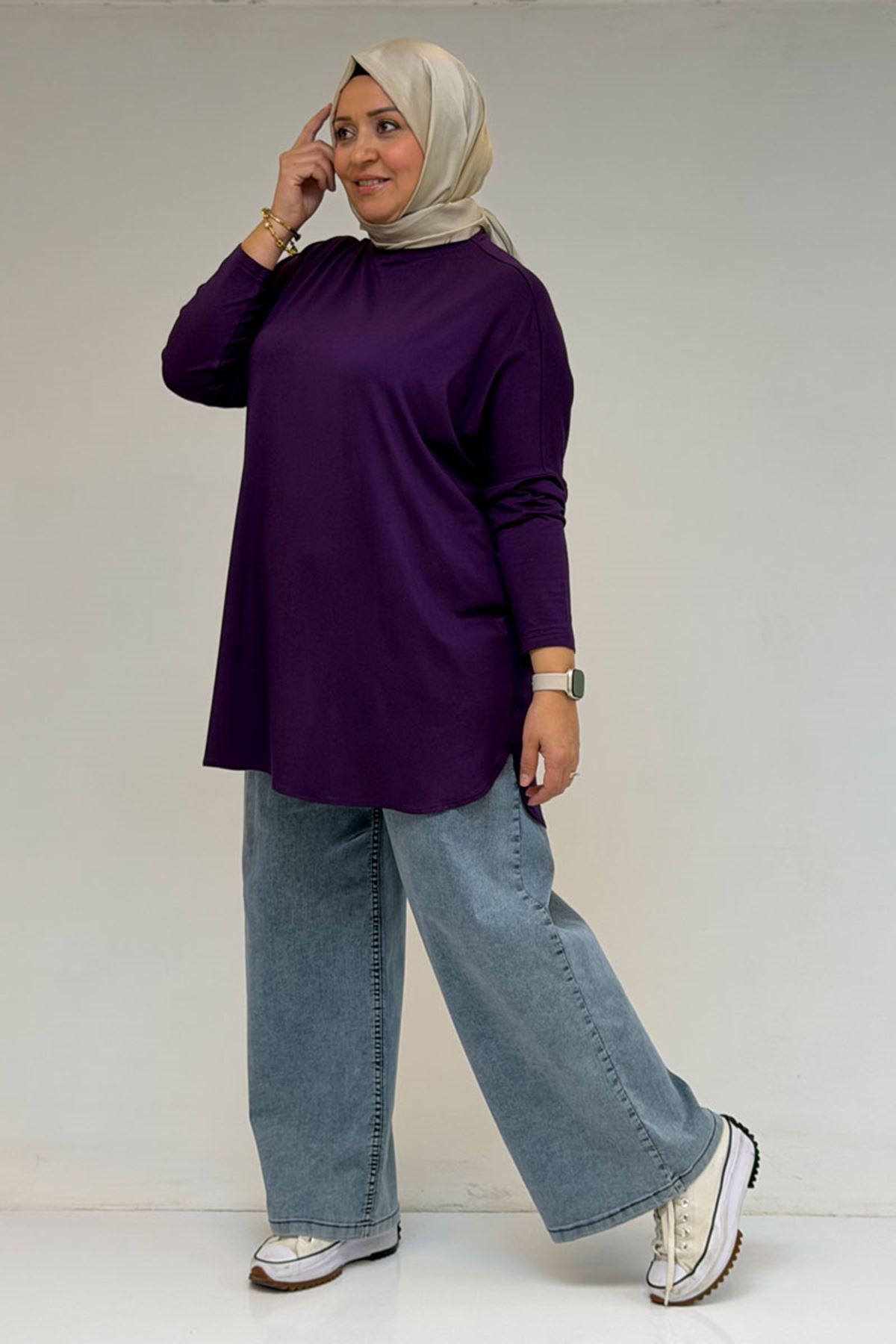 38111 Büyük Beden Basic Penye Tunik - Mürdüm