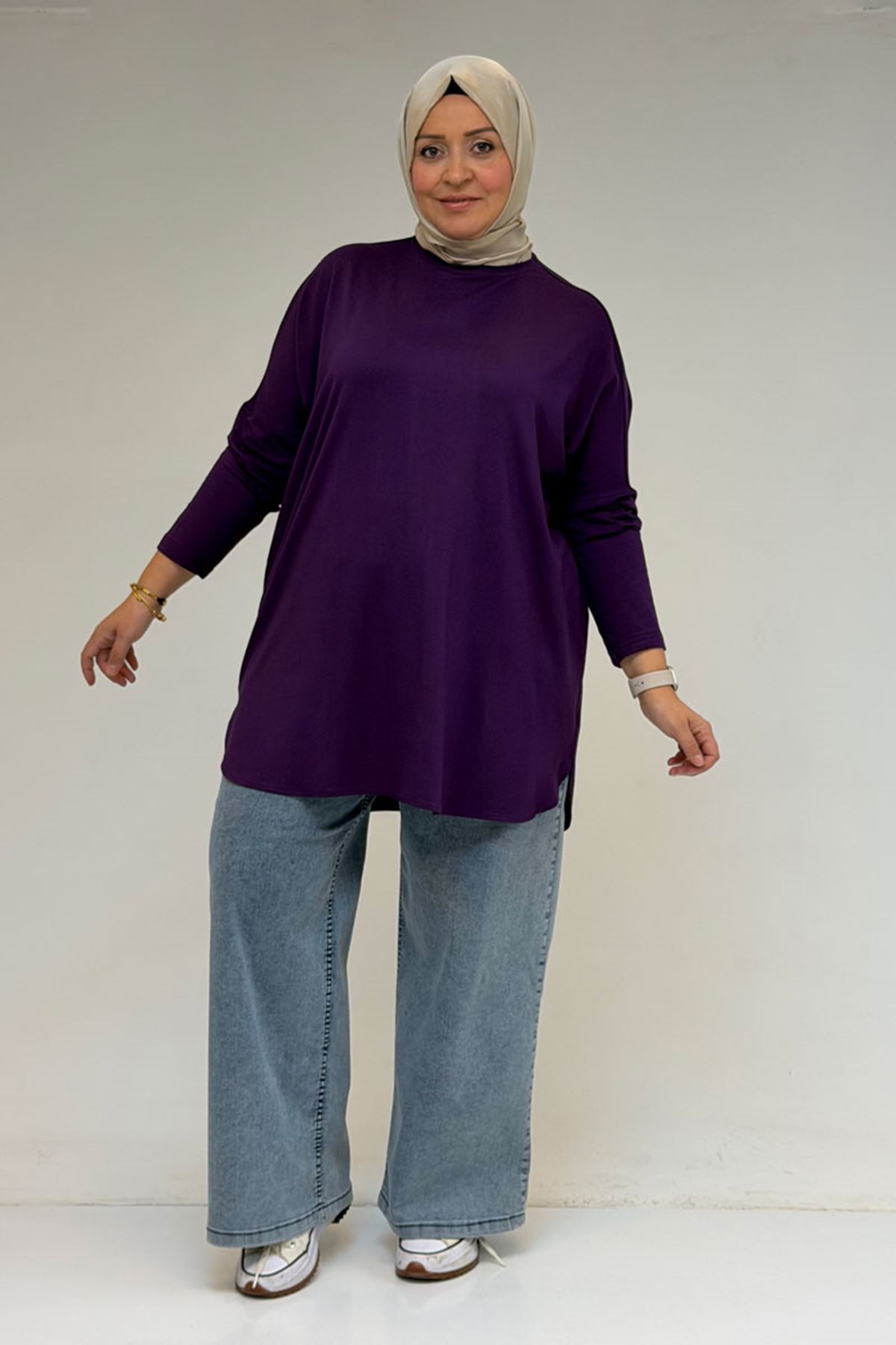 38111 Büyük Beden Basic Penye Tunik - Mürdüm