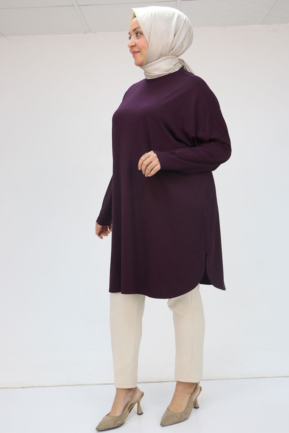 38111 Büyük Beden Basic Penye Tunik - Mor