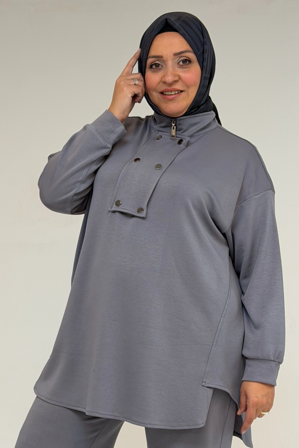 57034 Büyük Beden Çift Düğme Detaylı Modal Pantolonlu Takım - Gri