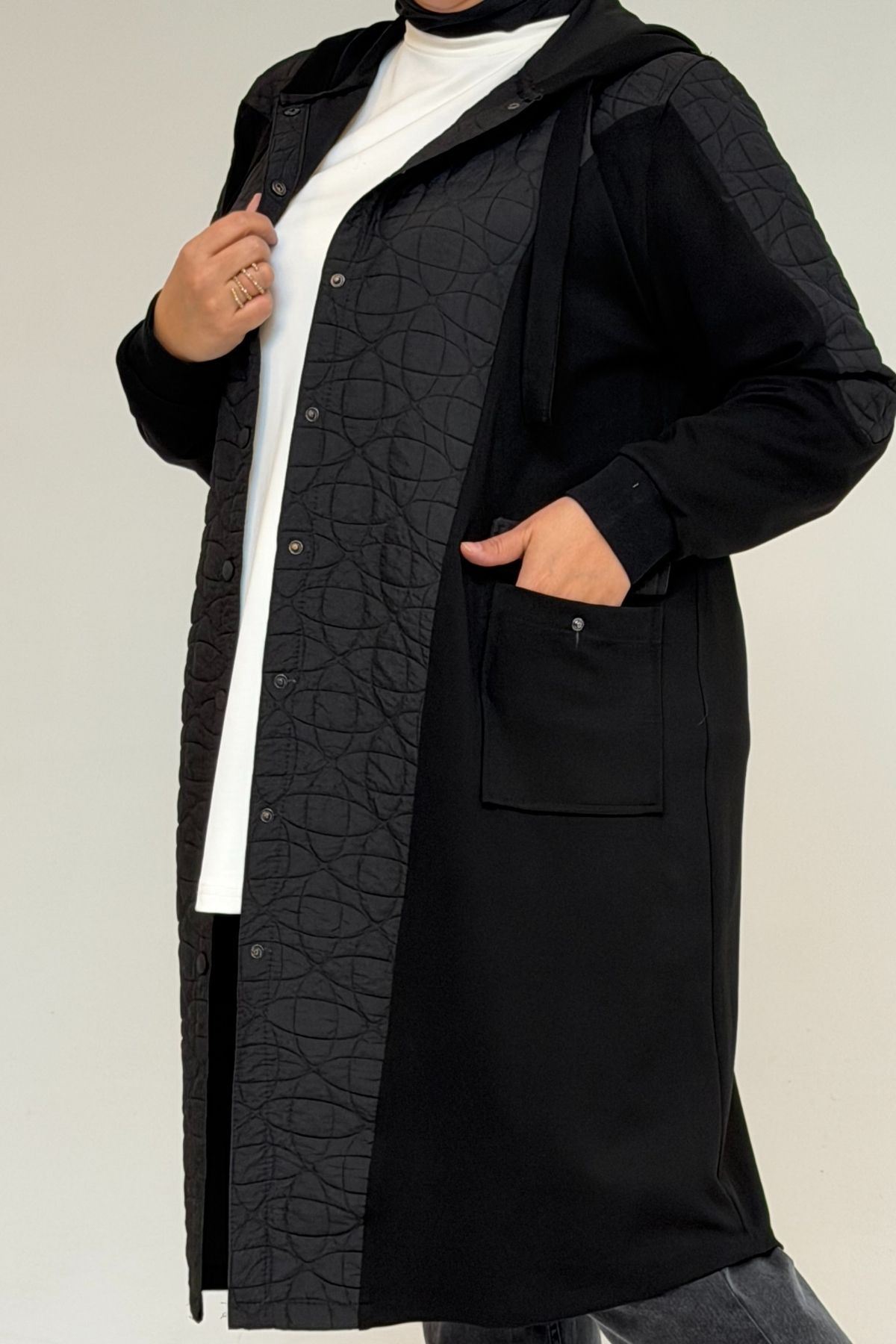 53030  Büyük Beden Kapşonlu Cepli Kapitone-Modal Kap - Siyah-Siyah