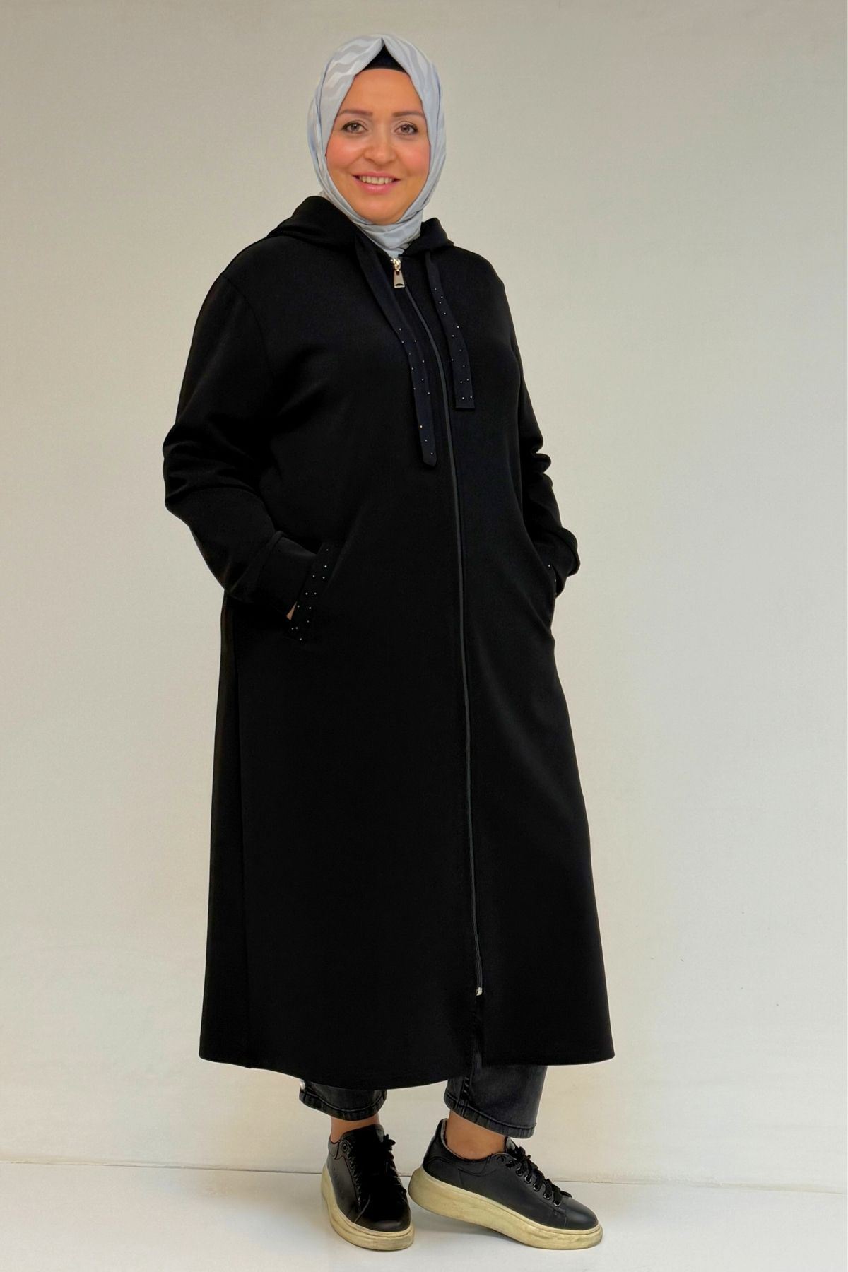 53067 Büyük Beden Kapşonlu Çelik Ceket - Siyah