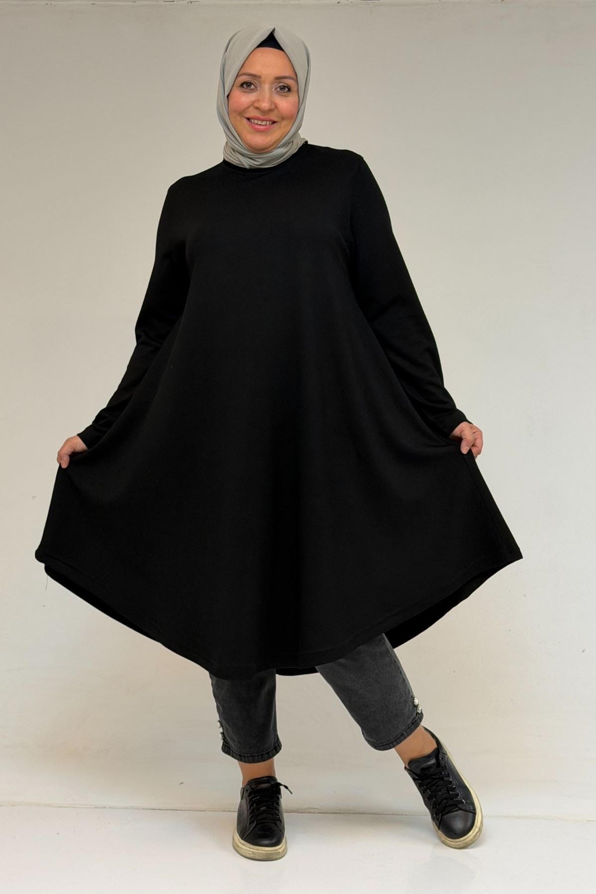 58174 Büyük Beden Mevlana Modal Tunik - Siyah