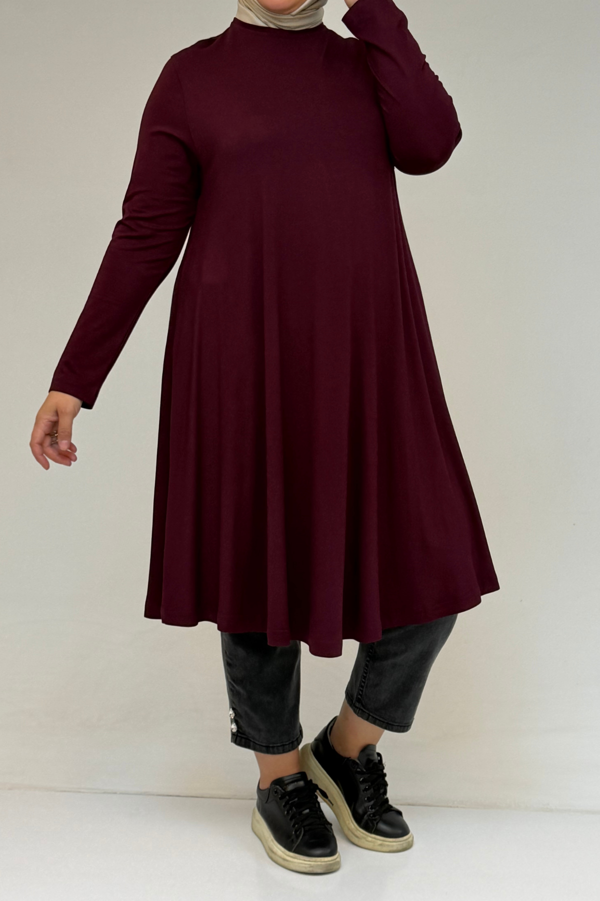 28016 Büyük Beden Mevlana Penye Tunik - Bordo