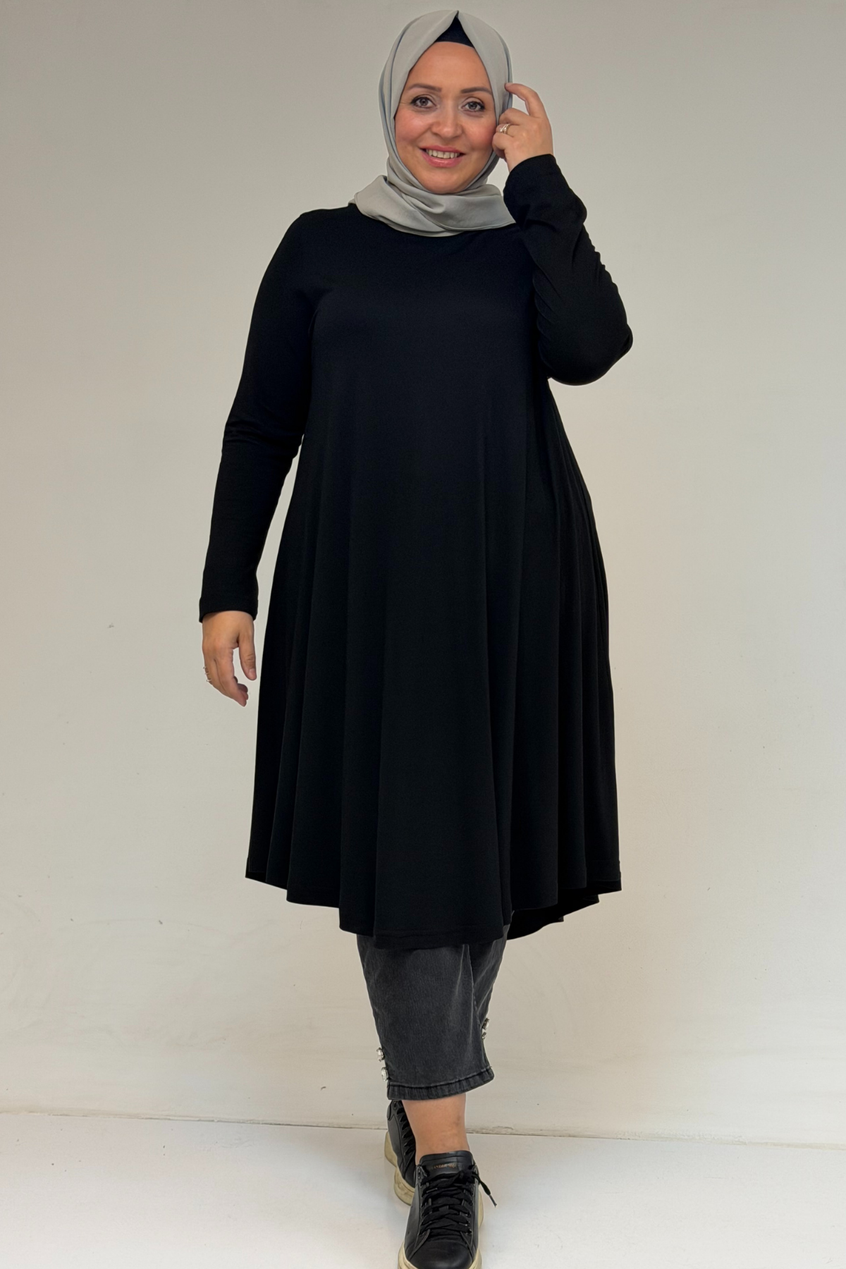 28016 Büyük Beden Mevlana Penye Tunik - Siyah