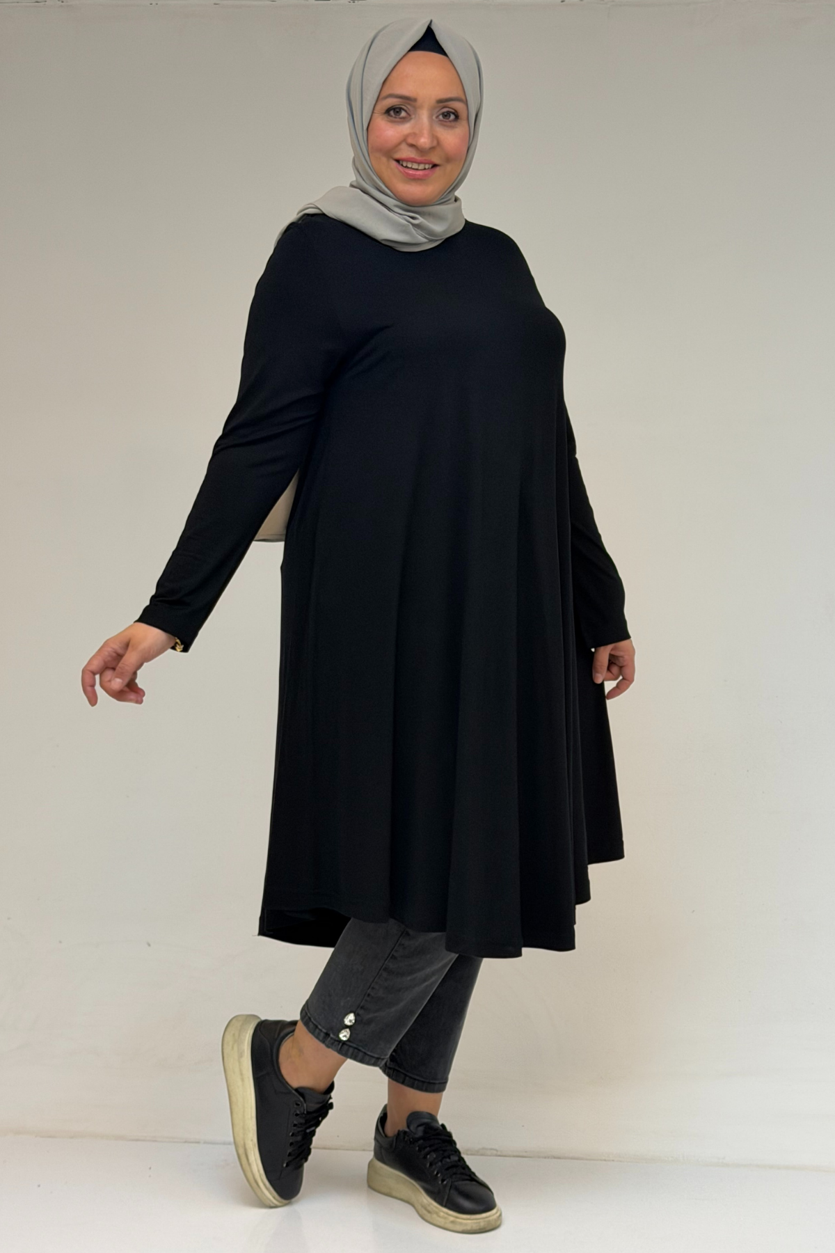 28016 Büyük Beden Mevlana Penye Tunik - Siyah