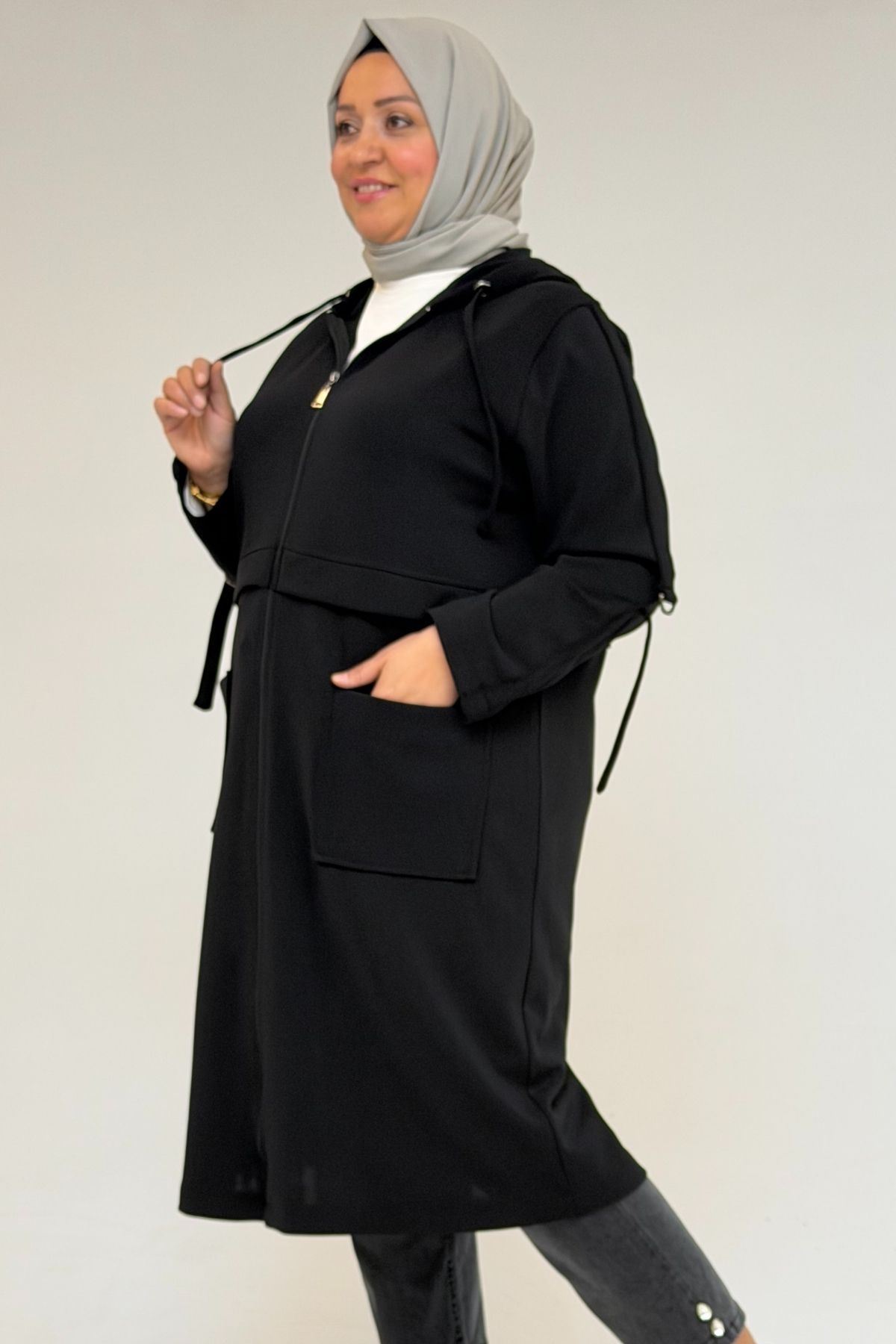 53071 Büyük Beden Kapüşonlu Patlı Çelik Ceket - Siyah