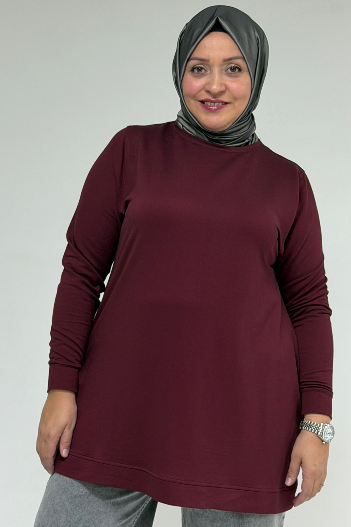 58170-E Büyük Beden Eteği Kendi Kumaşından Ribanalı Kristal Tunik - Bordo