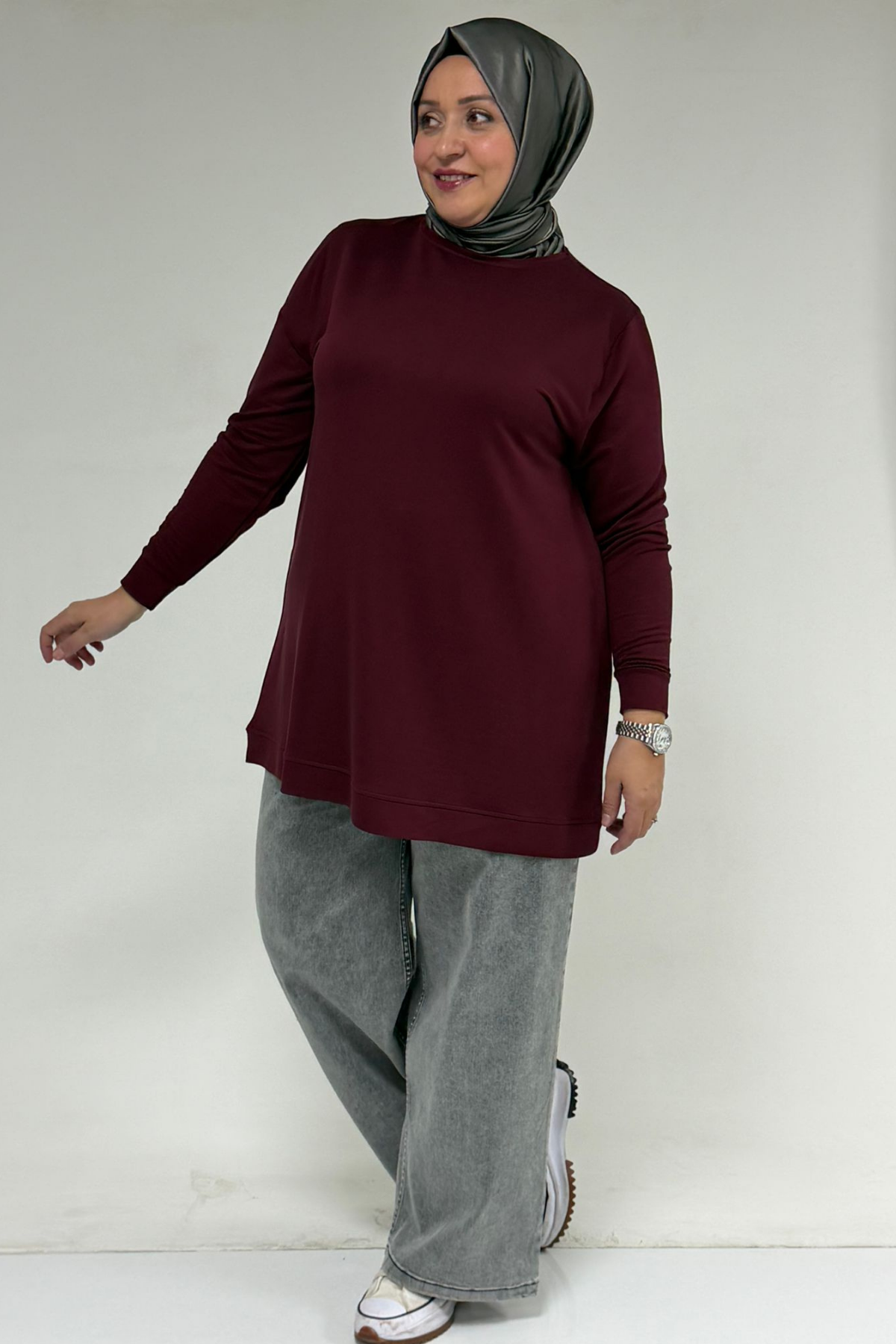 58170-E Büyük Beden Eteği Kendi Kumaşından Ribanalı Kristal Tunik - Bordo